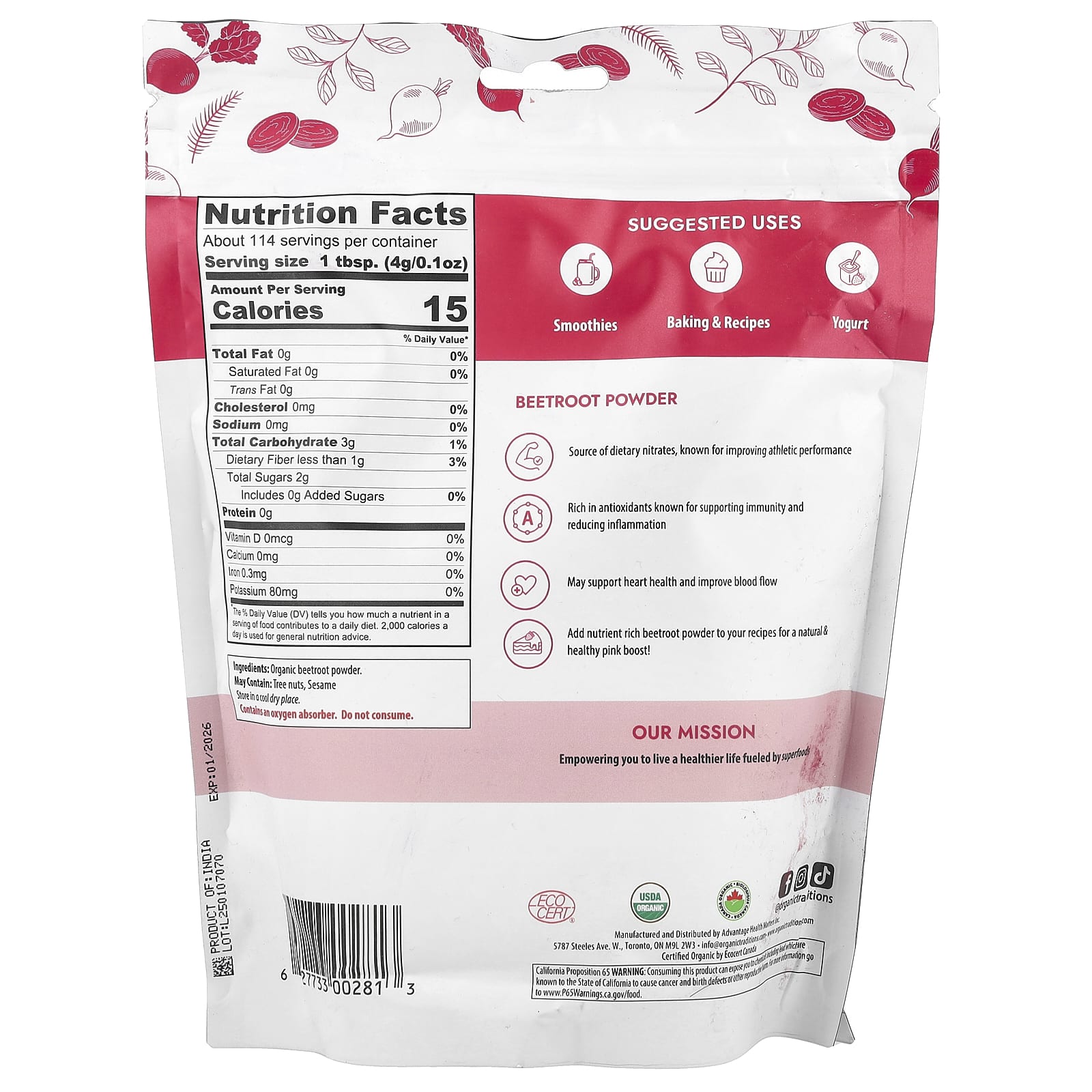 Organic Traditions, Beetroot Powder , 16 oz (454 g) - Image 2