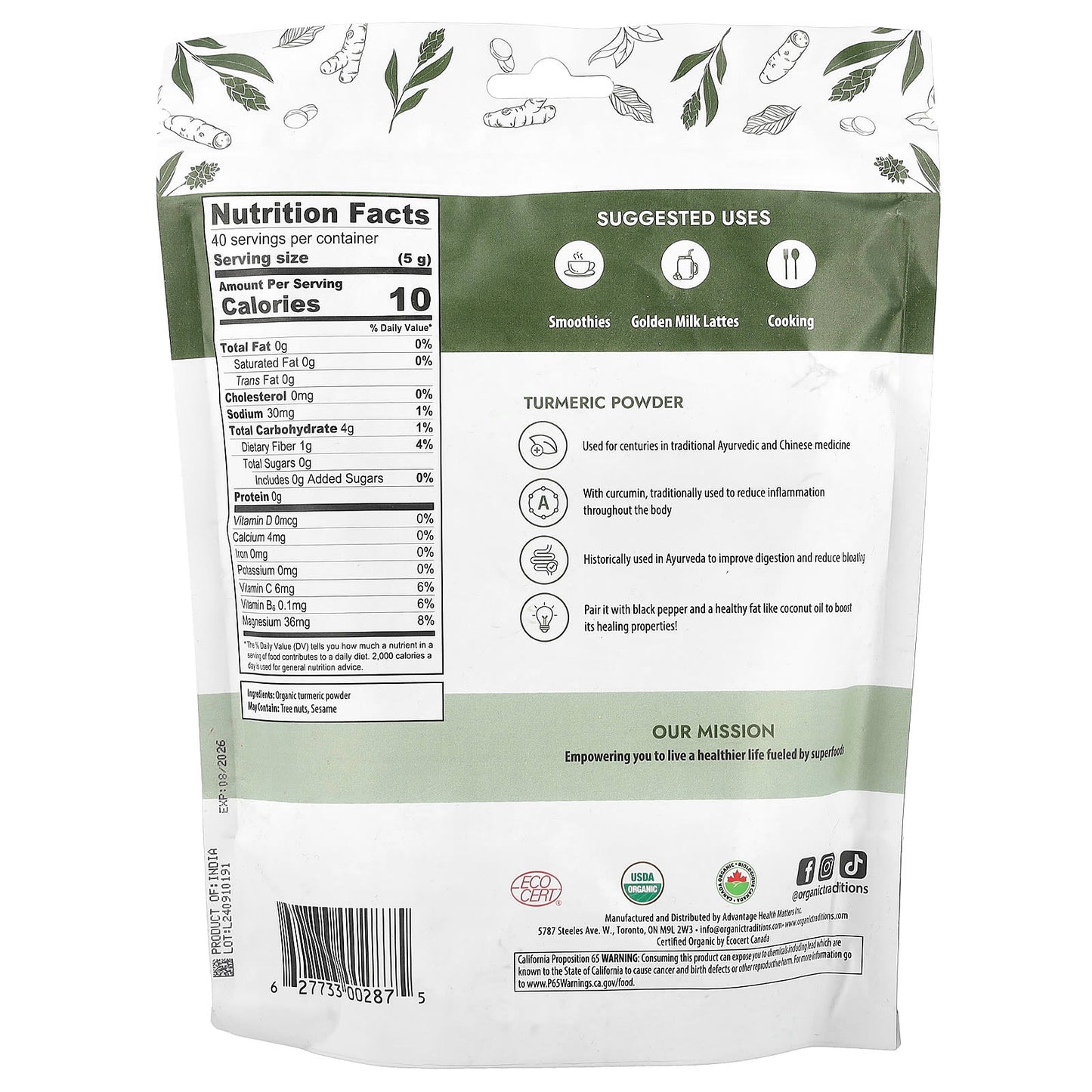 Organic Traditions, Turmeric Powder, 16 oz (454 g) - Image 2
