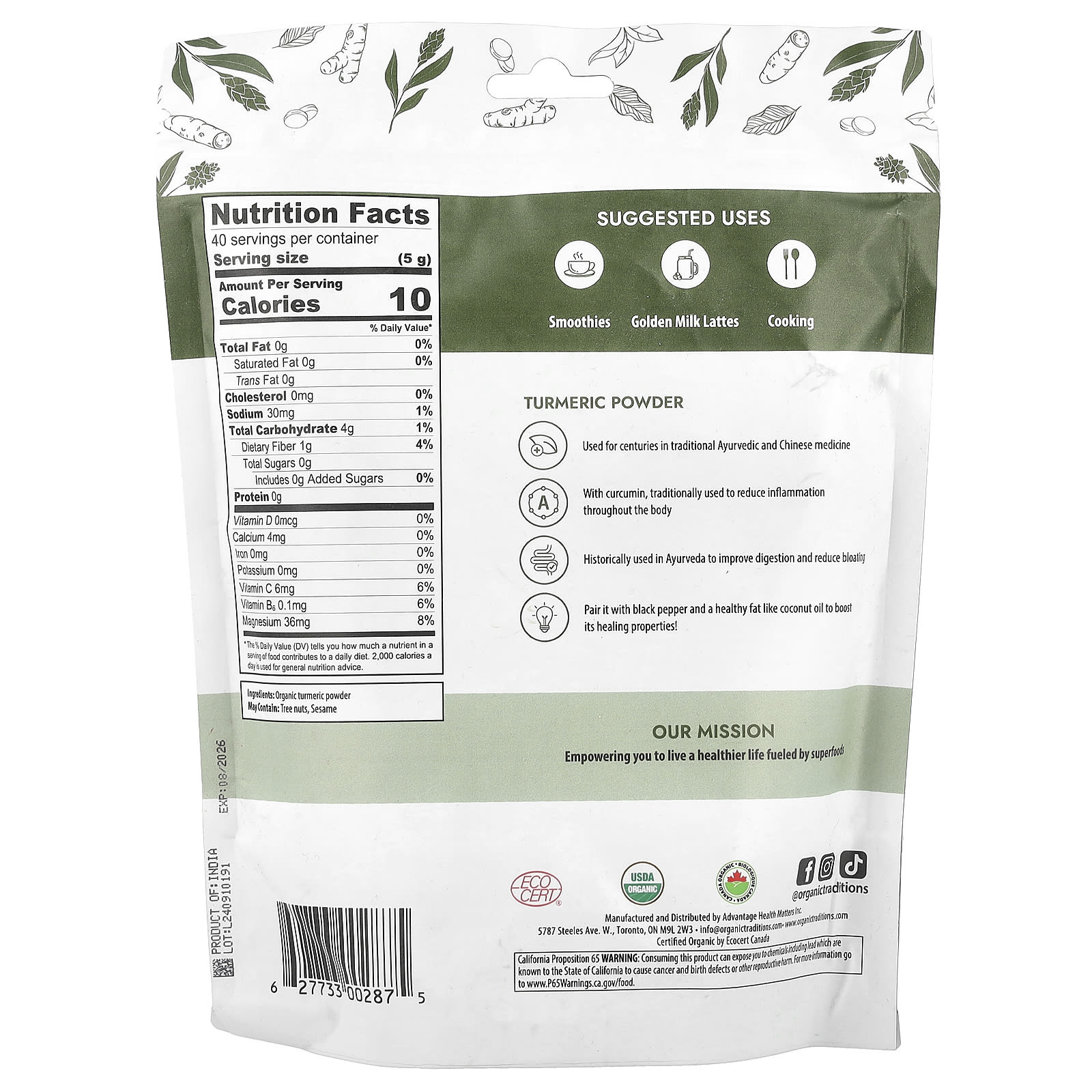Organic Traditions, Turmeric Powder, 16 oz (454 g) - Image 2