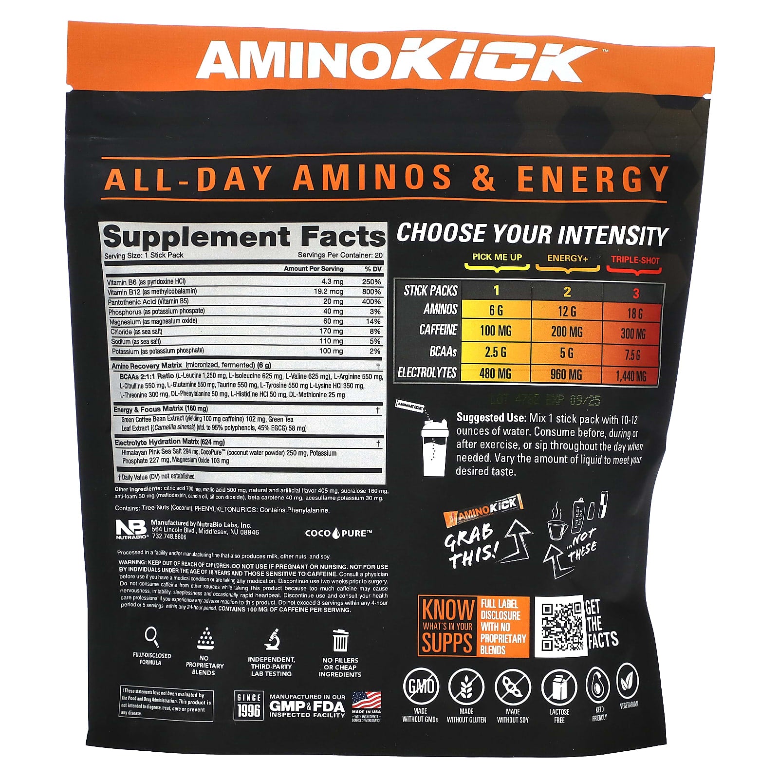 NutraBio, Amino Kick, Orange Mango, 20 Stick Packs, 0.32 oz (9 g) Each - Image 2