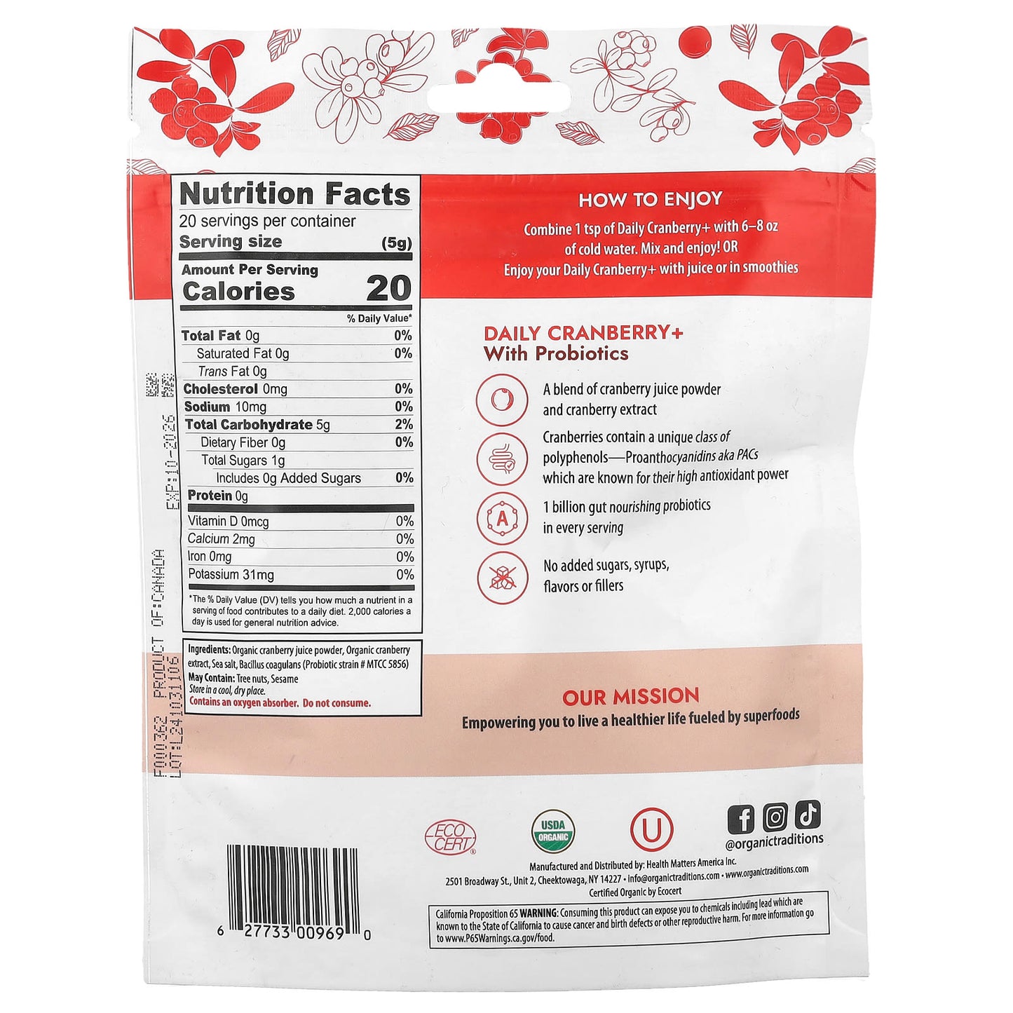 Organic Traditions, Daily Cranberry+ With Probiotics, 3.5 oz (100 g) - Image 2