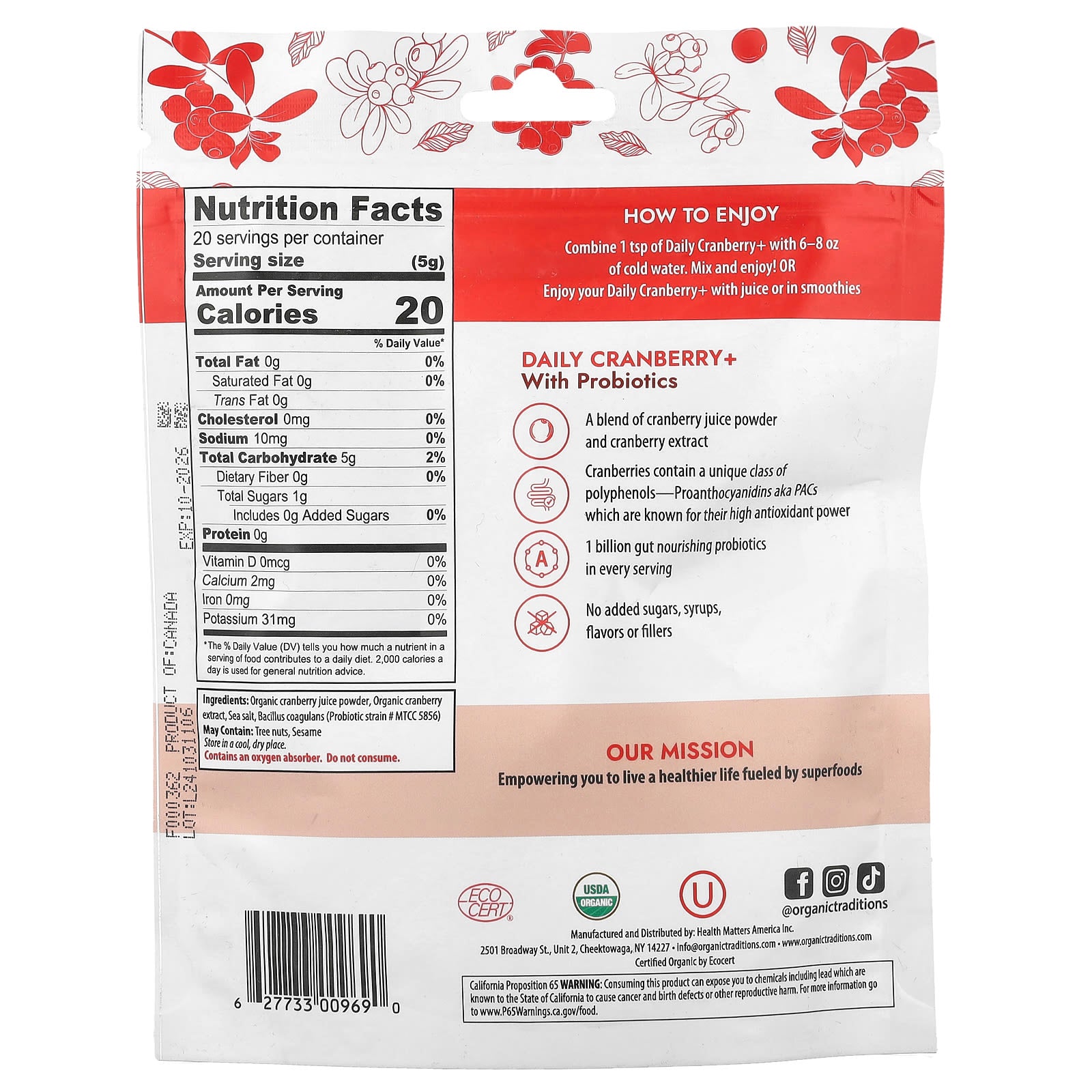 Organic Traditions, Daily Cranberry+ With Probiotics, 3.5 oz (100 g) - Image 2