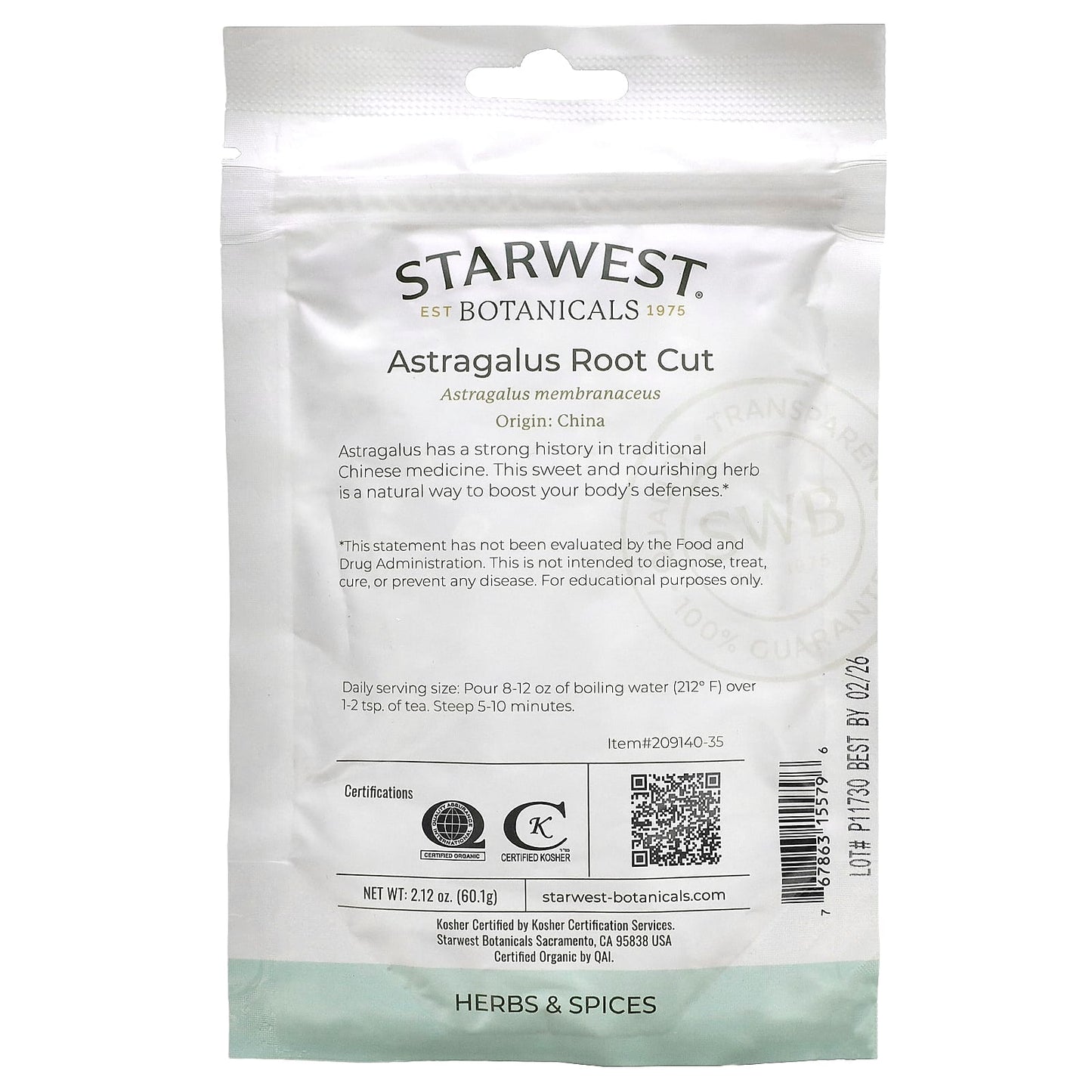 Starwest Botanicals, Organic Astragalus Root Cut, 2.12 oz (60.1 g) - Image 2