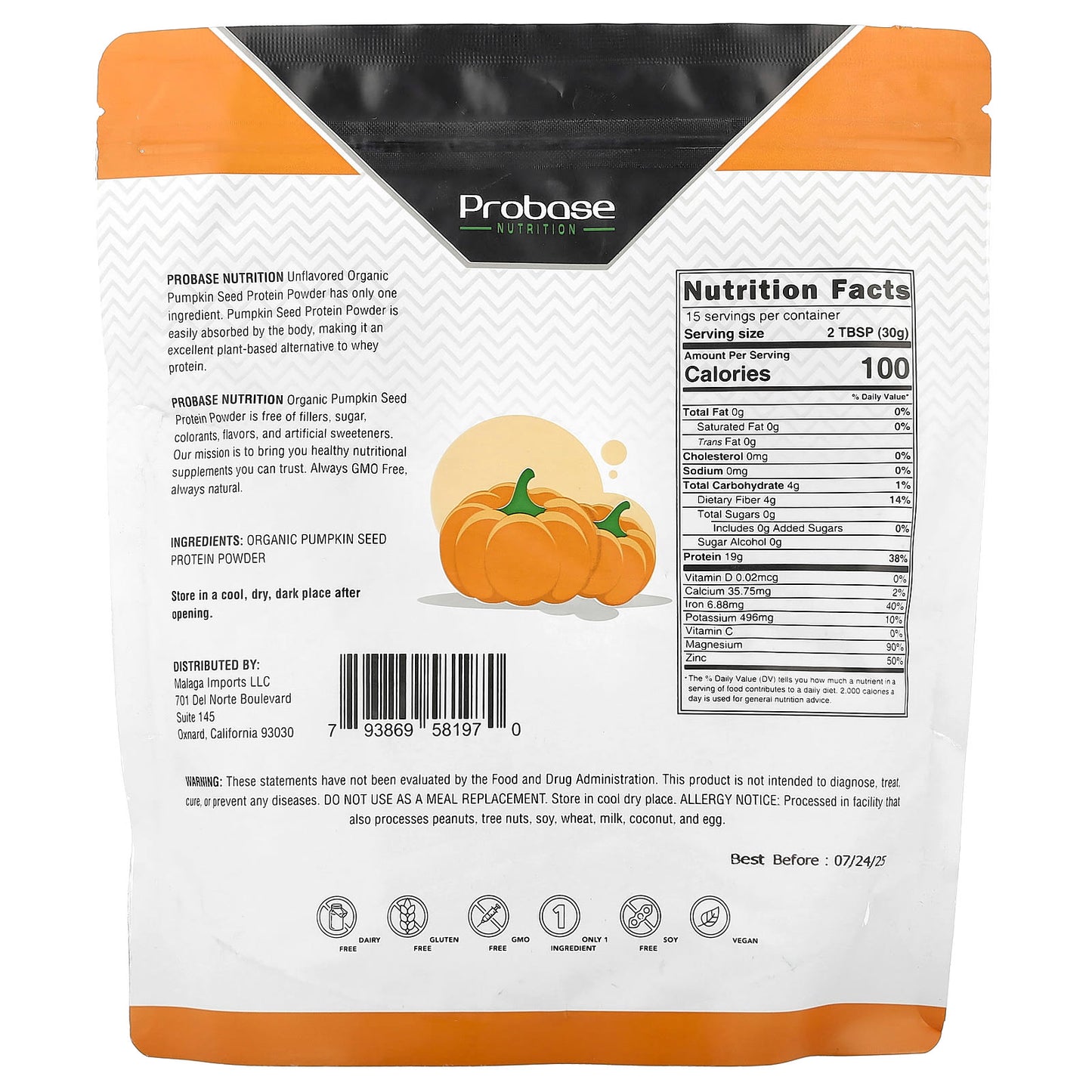 Probase Nutrition, Organic Pumpkin Seed Protein Powder, Unflavored, 1 lb - Image 2