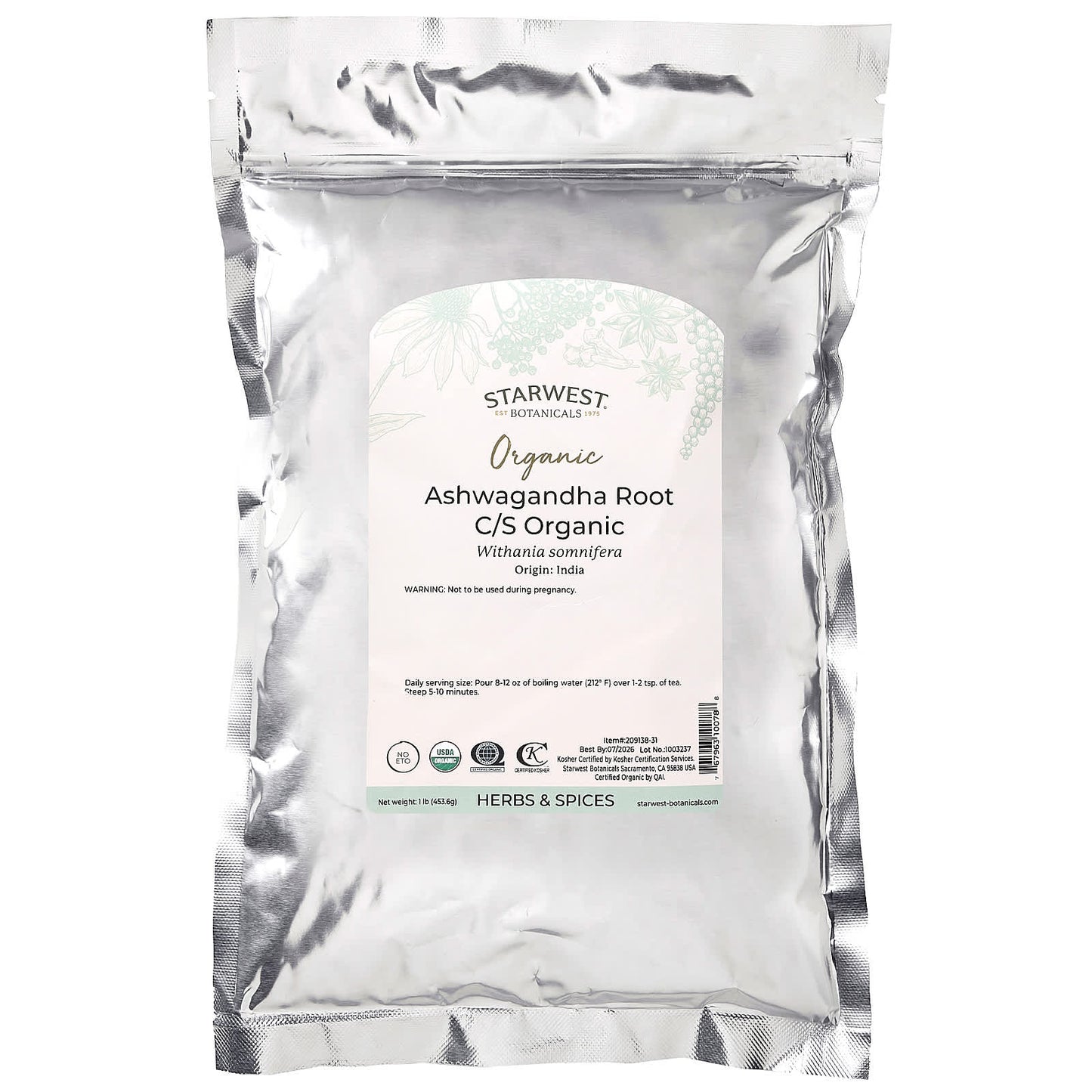 Starwest Botanicals, Organic Ashwagandha Root, Cut & Shifted, 1 lb (453.6 g) - Image 2