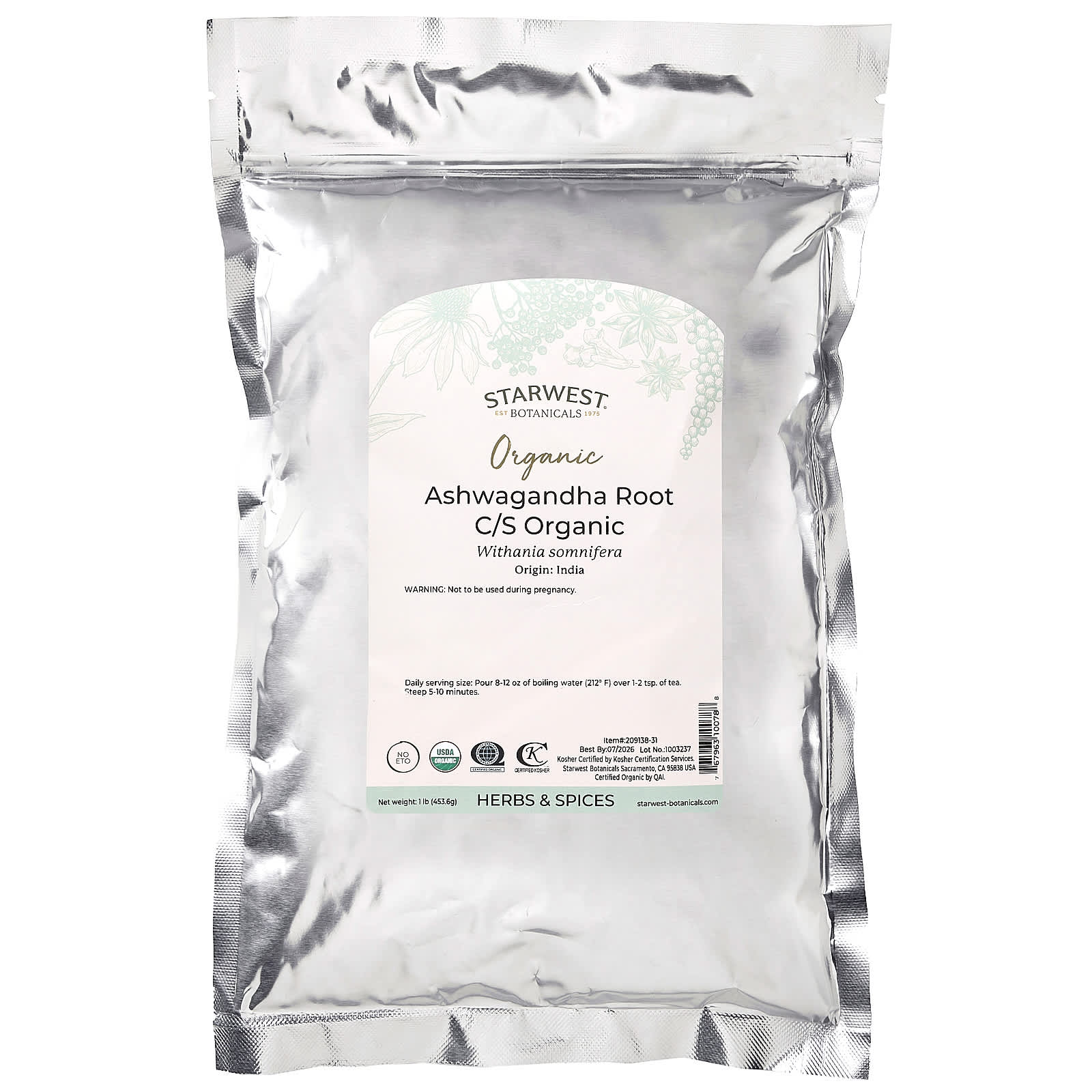 Starwest Botanicals, Organic Ashwagandha Root, Cut & Shifted, 1 lb (453.6 g) - Image 2