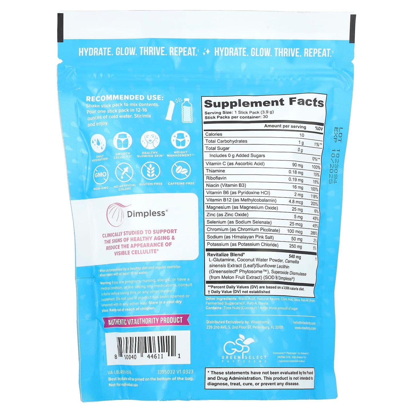 Vitauthority, Revive, Comprehensive Anti-Aging Hydration Mix, Lemonade, 30 Sticks, 0.13 oz (3.9 g) Each - Image 2
