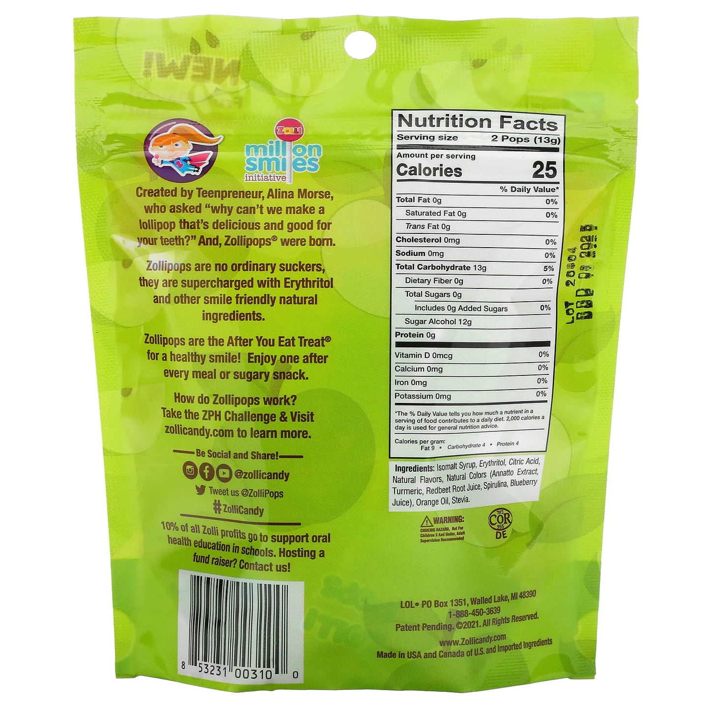 Zollipops, The Clean Teeth Pops, Green Apple, 3.1 oz - Image 2