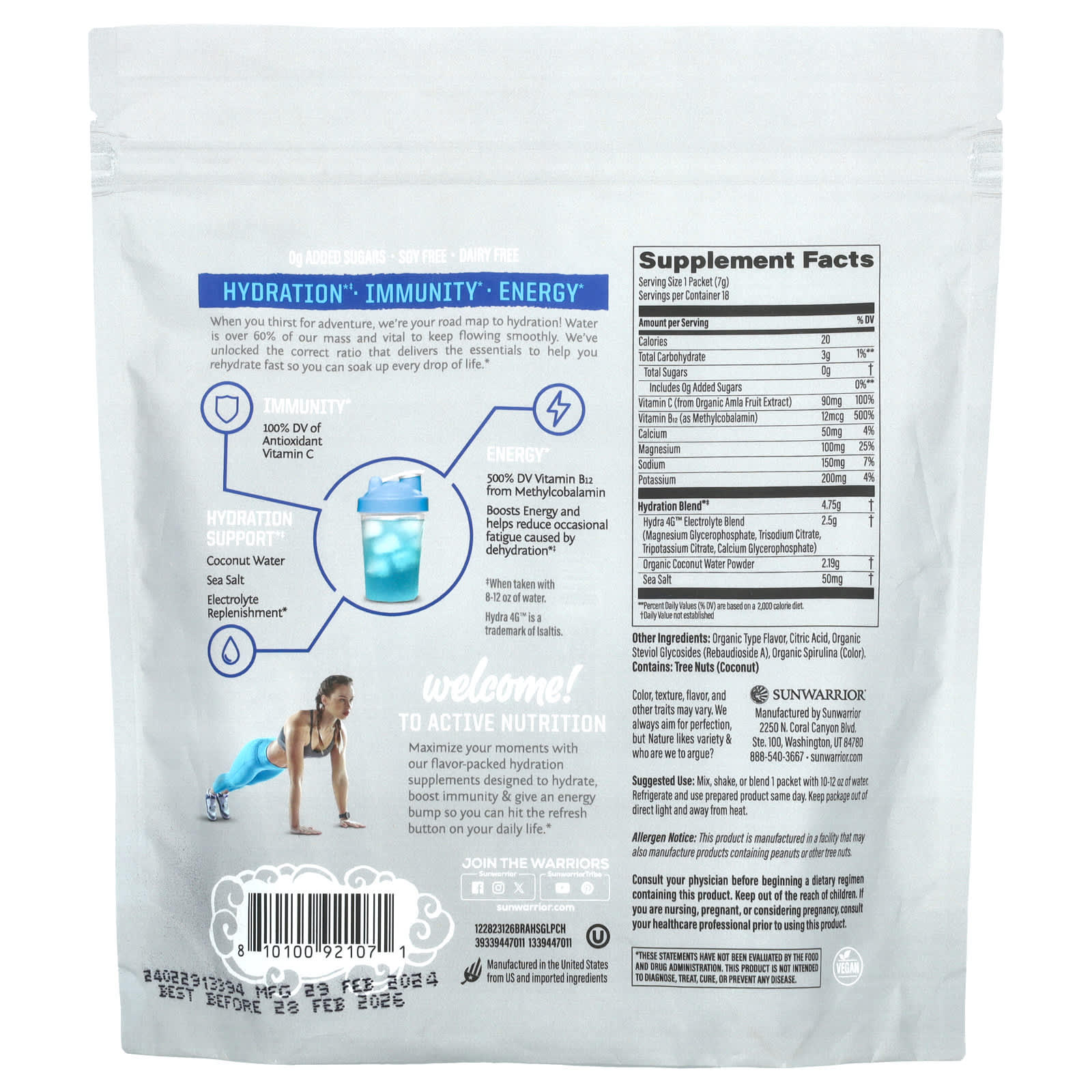 Sunwarrior, Sport, Active Hydration, Blue Raspberry , 18 Packets, 0.24 oz (7 g) Each - Image 2