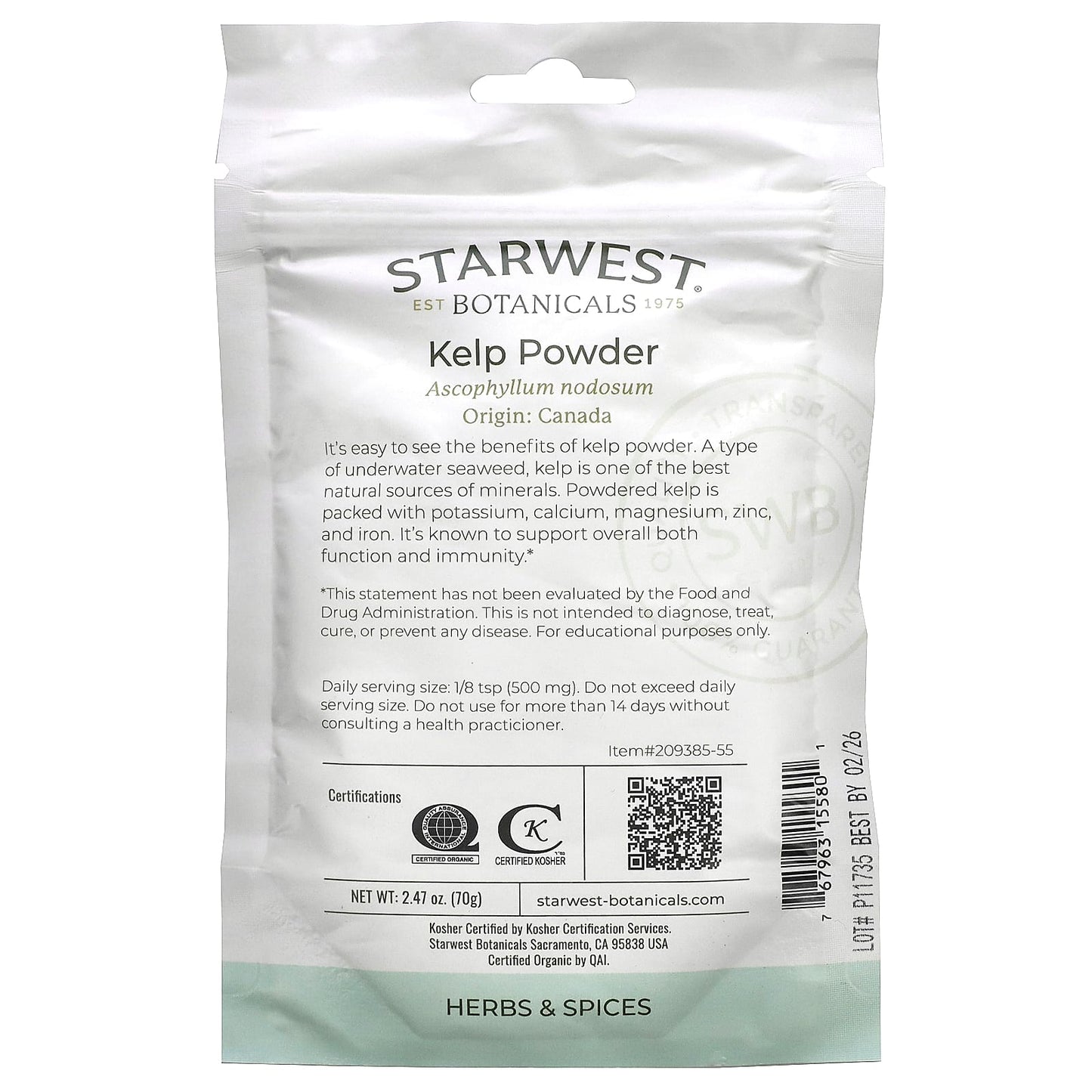 Starwest Botanicals, Organic Kelp Powder, 2.47 oz (70 g) - Image 2