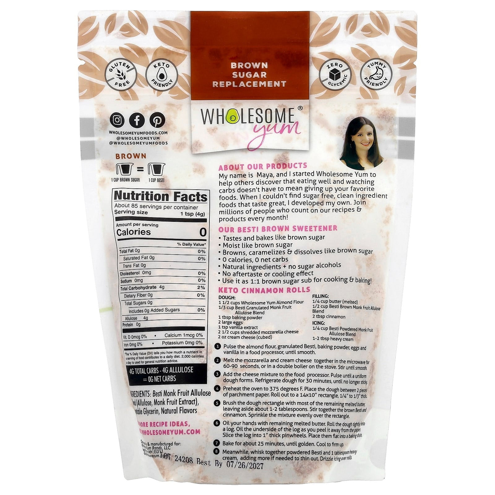 Wholesome Yum, Besti, Brown Sugar Replacement, Monk Fruit Allulose Blend, 12 oz (340 g) - Image 2