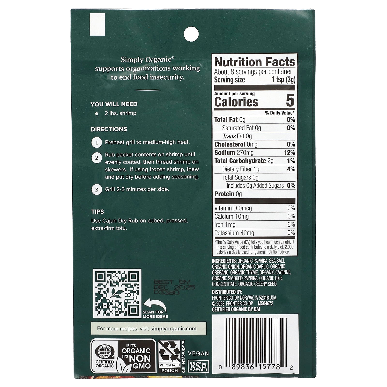 Simply Organic, Cajun Dry Rub, 3 Packets, 0.88 oz (25 g) Each - Image 2