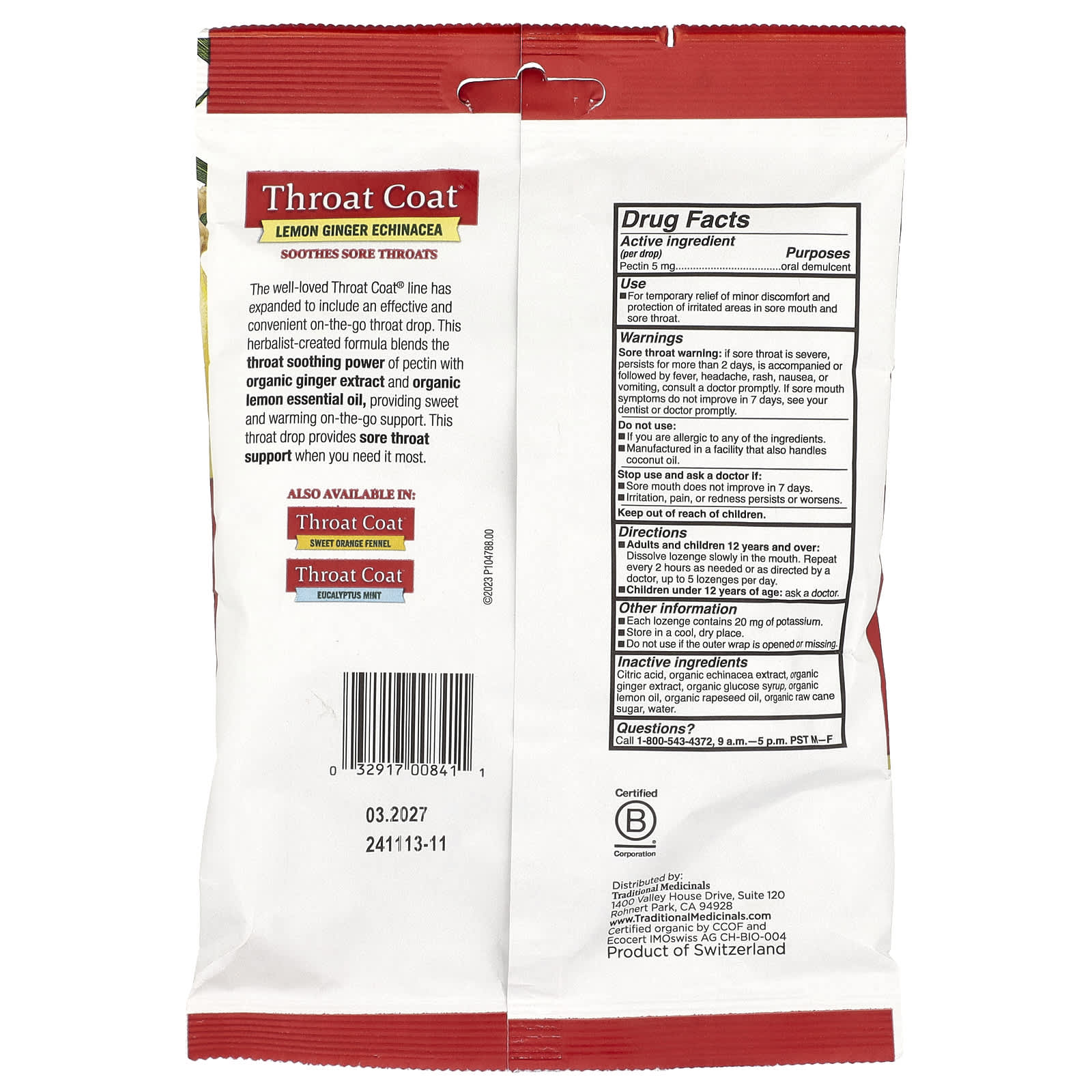 Traditional Medicinals, Organic Throat Coat® Drops, Lemon Ginger Echinacea, 30 Pectin Throat Drops - Image 2
