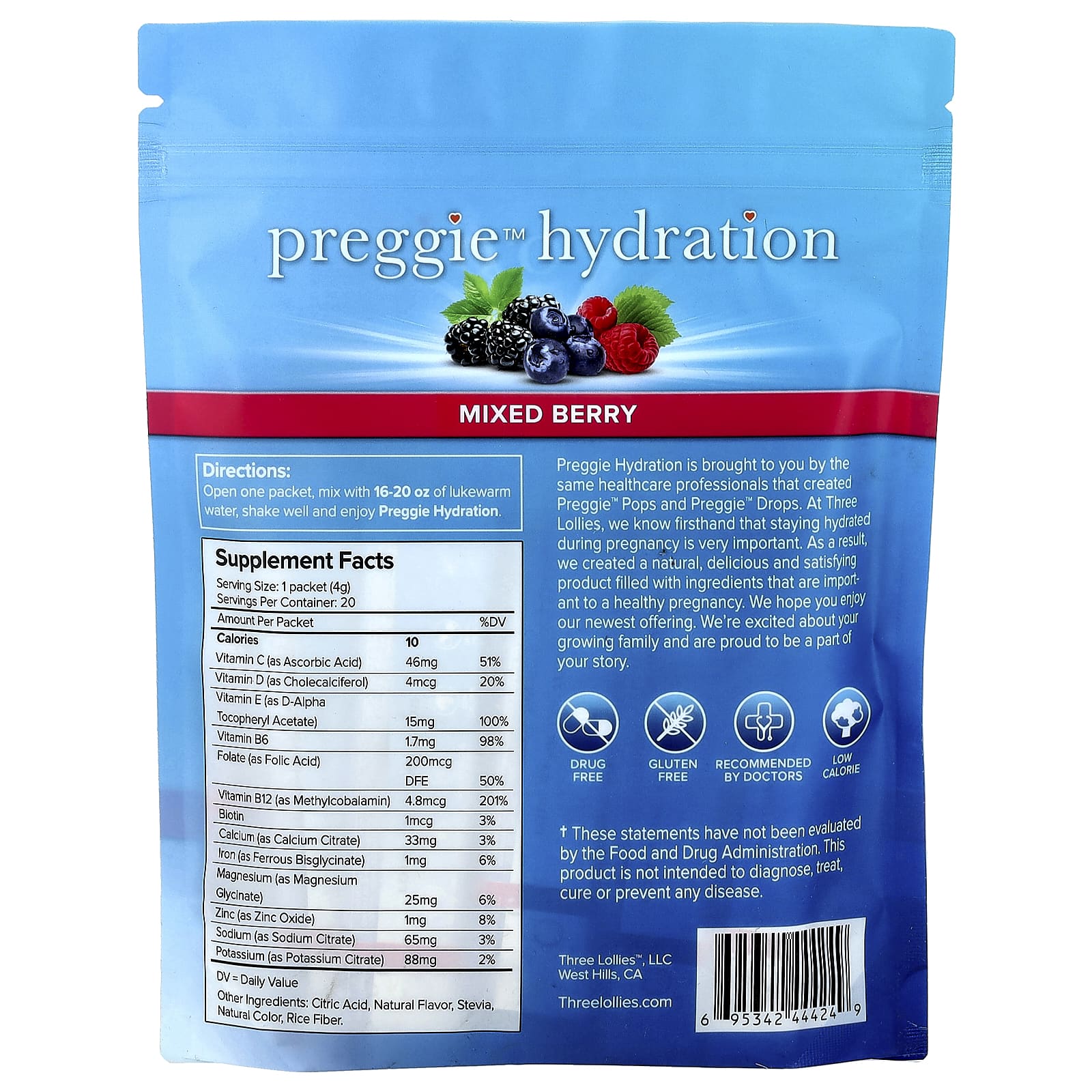 Preggie, Hydration, Mixed Berry, 20 Packets, 0.14 oz (4 g) Each - Image 2