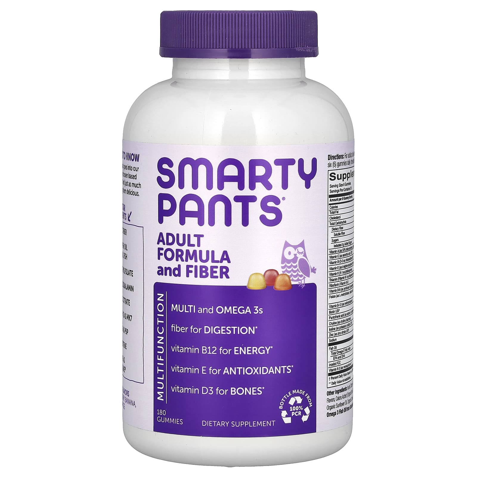 SmartyPants, Adult Formula and Fiber, Lemon, Strawberry Banana, and Orange, 180 Gummies - Image 1