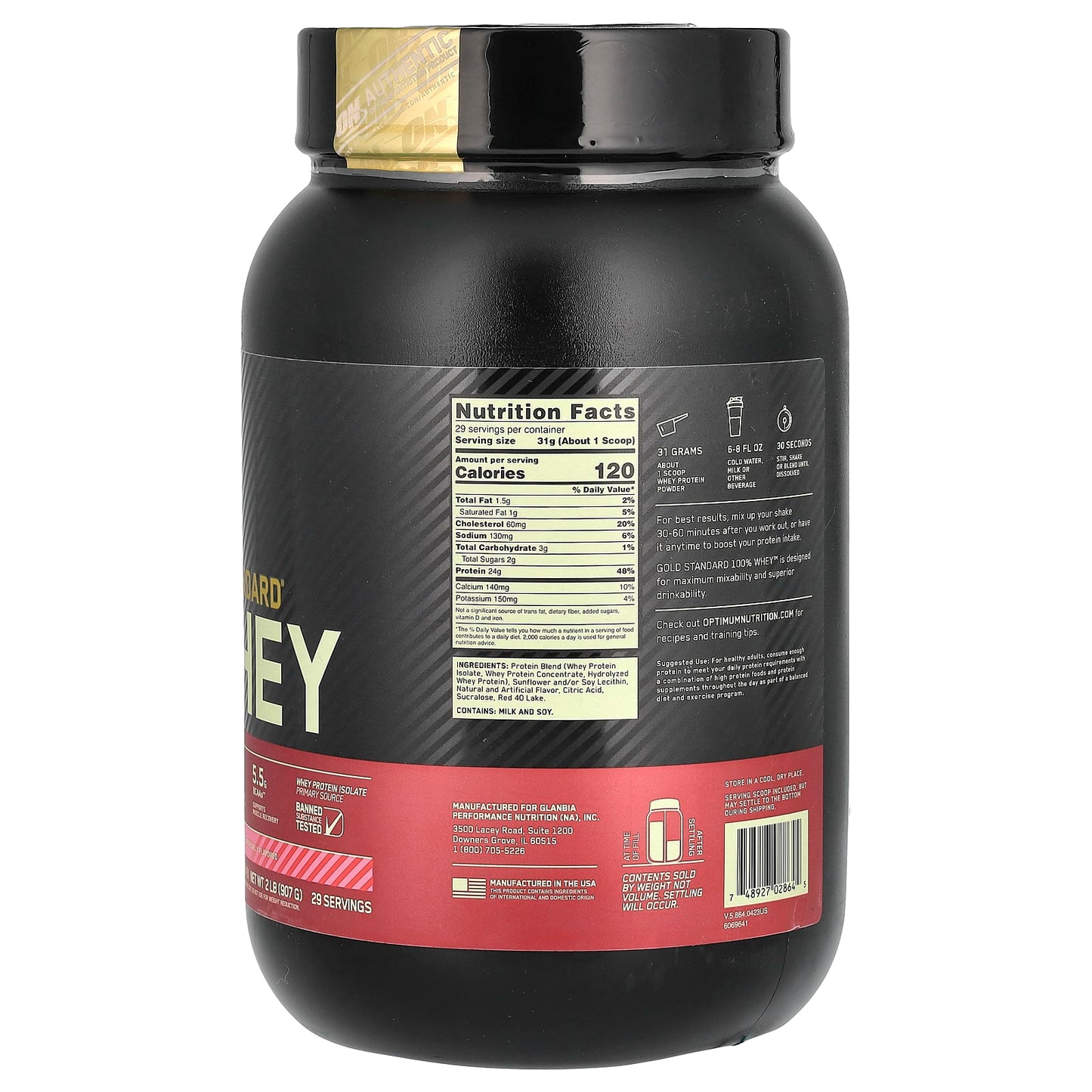 Optimum Nutrition, Gold Standard® 100% Whey, Delicious Strawberry, 2 lb (907 g) - Image 2