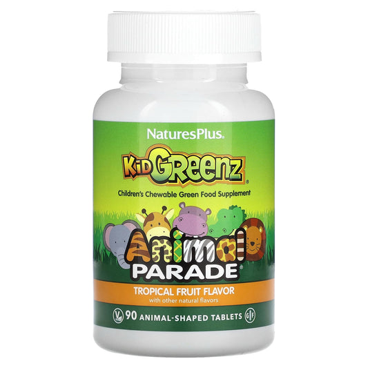 NaturesPlus, Animal Parade, Kid Greenz, Children's Chewable Green Food Supplement, Tropical Fruit, 90 Animal-Shaped Tablets - Image 1