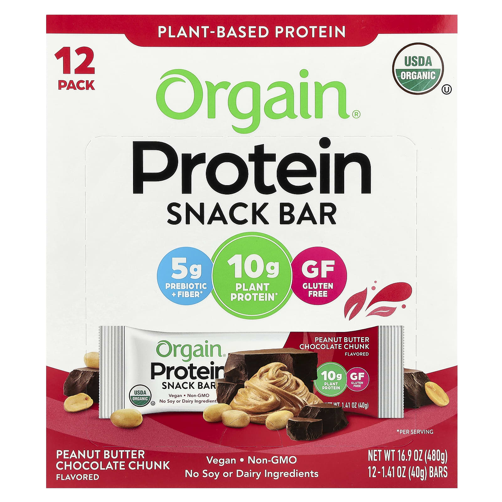 Orgain, Organic Plant-Based Protein Snack Bar, Peanut Butter Chocolate Chunk, 12 Bars, 1.41 oz (40 g) Each - Image 1