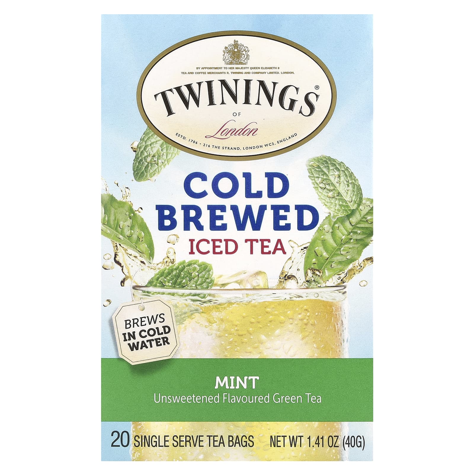Twinings, Cold Brewed Iced Tea, Green Tea, Unsweetened, Mint, 20 Single Serve Tea Bags, 1.41 oz (40 g) - Image 1