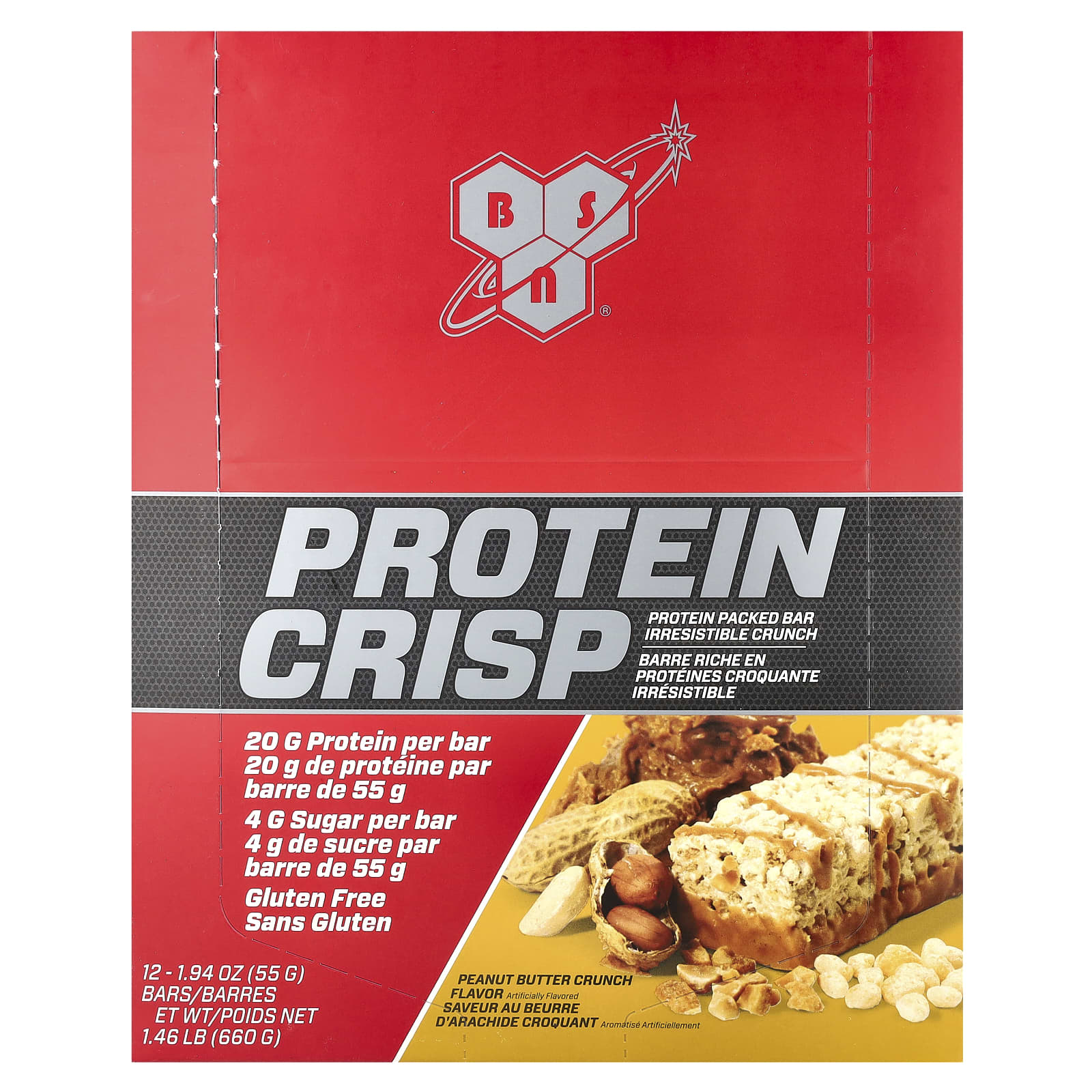 BSN Protein Crisp Peanut Butter Crunch Bars, 12-Pack, 1.94 oz each - Image 1