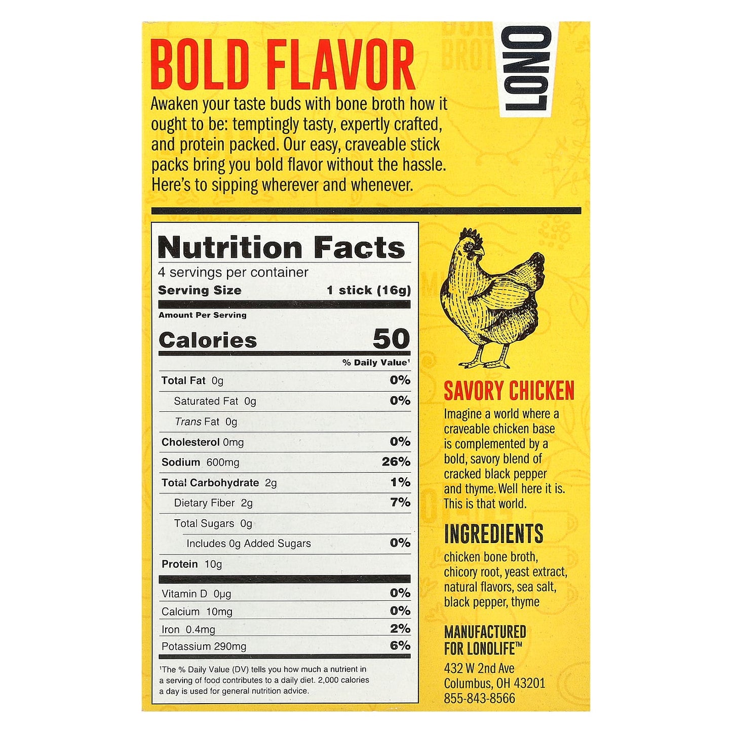 Lonolife, Sipping Bone Broth, Savory Chicken, 4 Single Serve Sticks, 0.56 oz (16 g) Each - Image 2