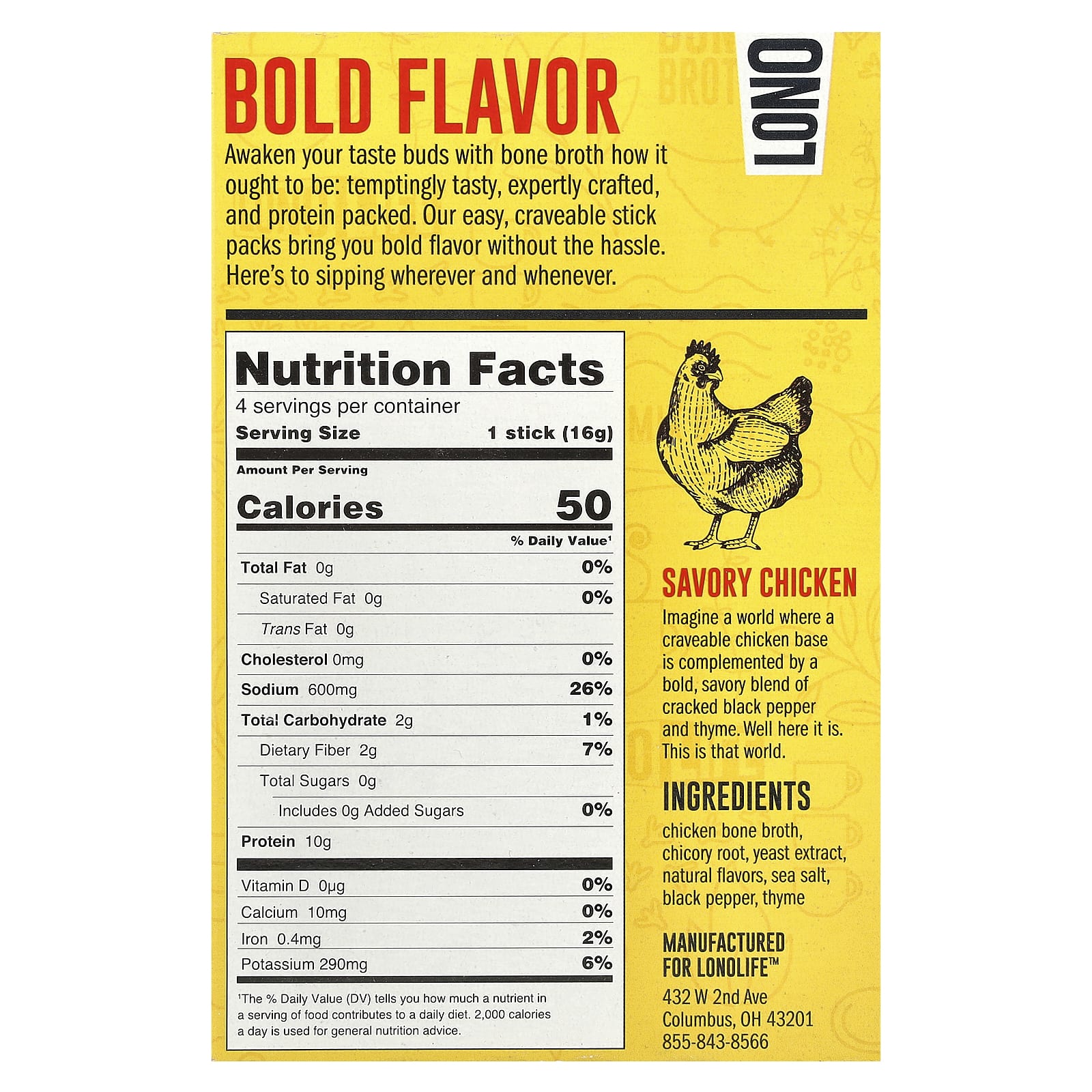 Lonolife, Sipping Bone Broth, Savory Chicken, 4 Single Serve Sticks, 0.56 oz (16 g) Each - Image 2