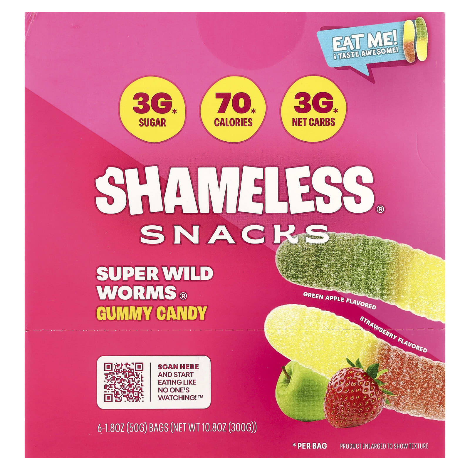 Shameless Snacks, Super Wild Worms® Gummy Candy, Green Apple and Strawberry, 6 Bags, 1.8 oz (50 g) Each - Image 1