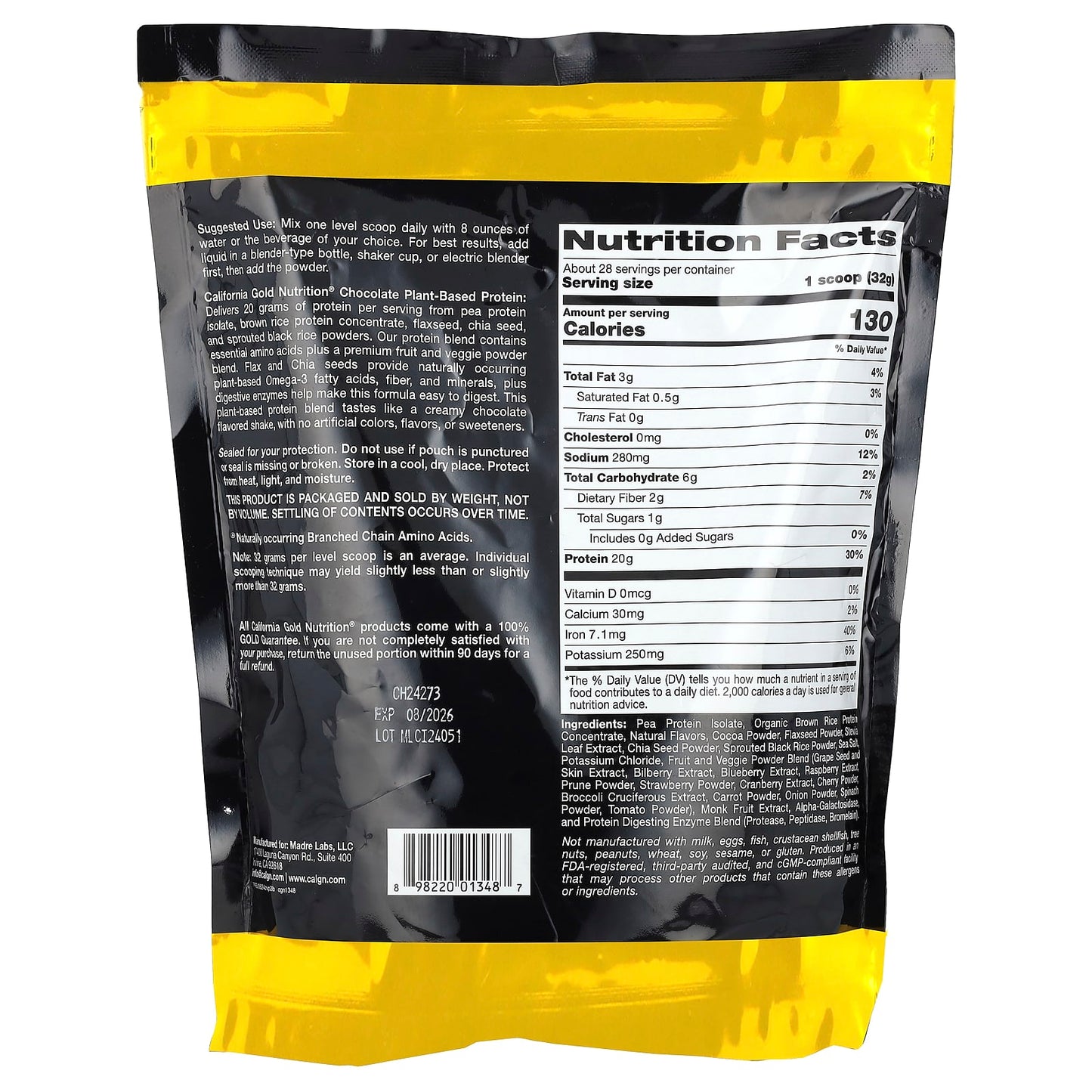 California Gold Sport Plant-Based Protein Powder, Chocolate, 2 lb - Image 2