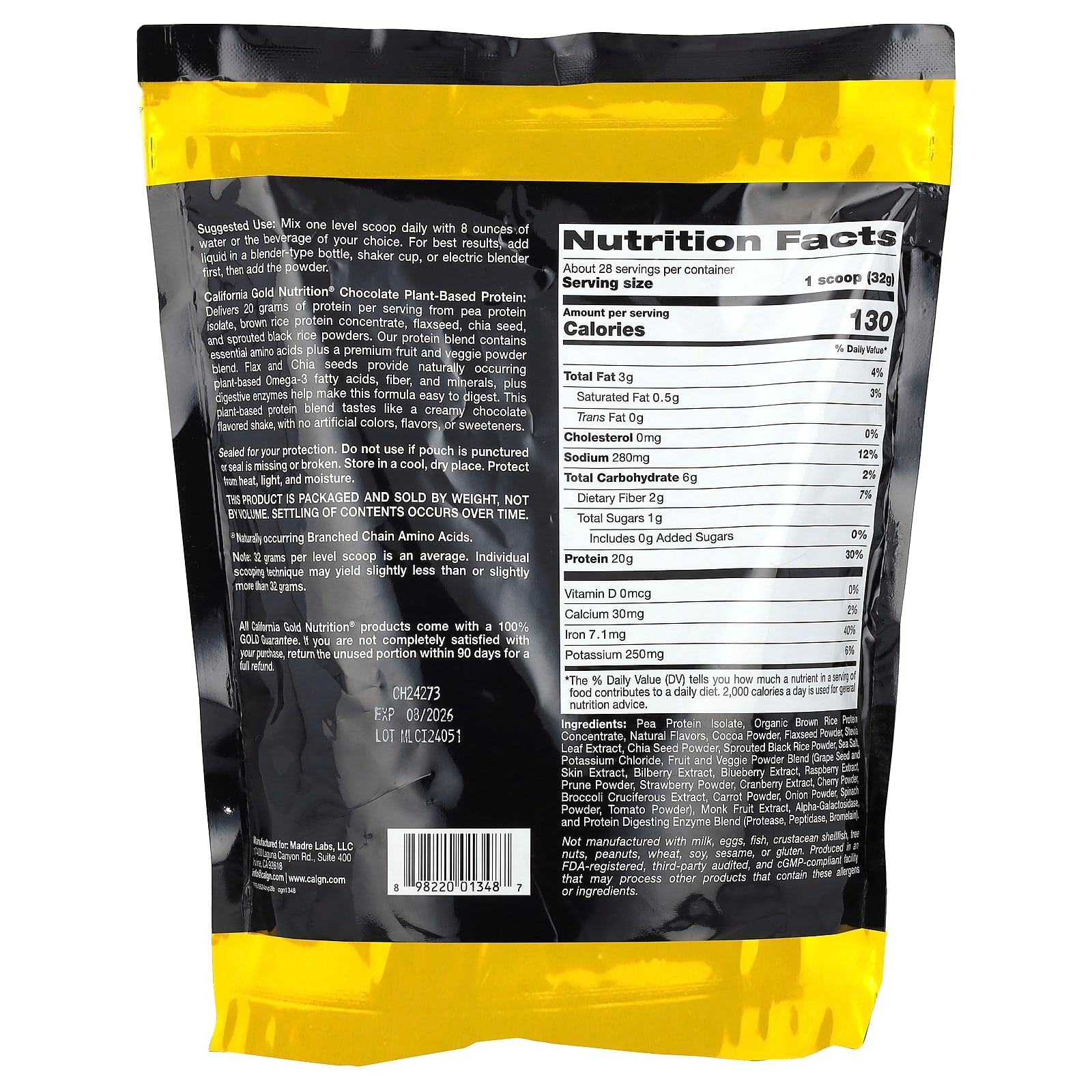 California Gold Sport Plant-Based Protein Powder, Chocolate, 2 lb - Image 2
