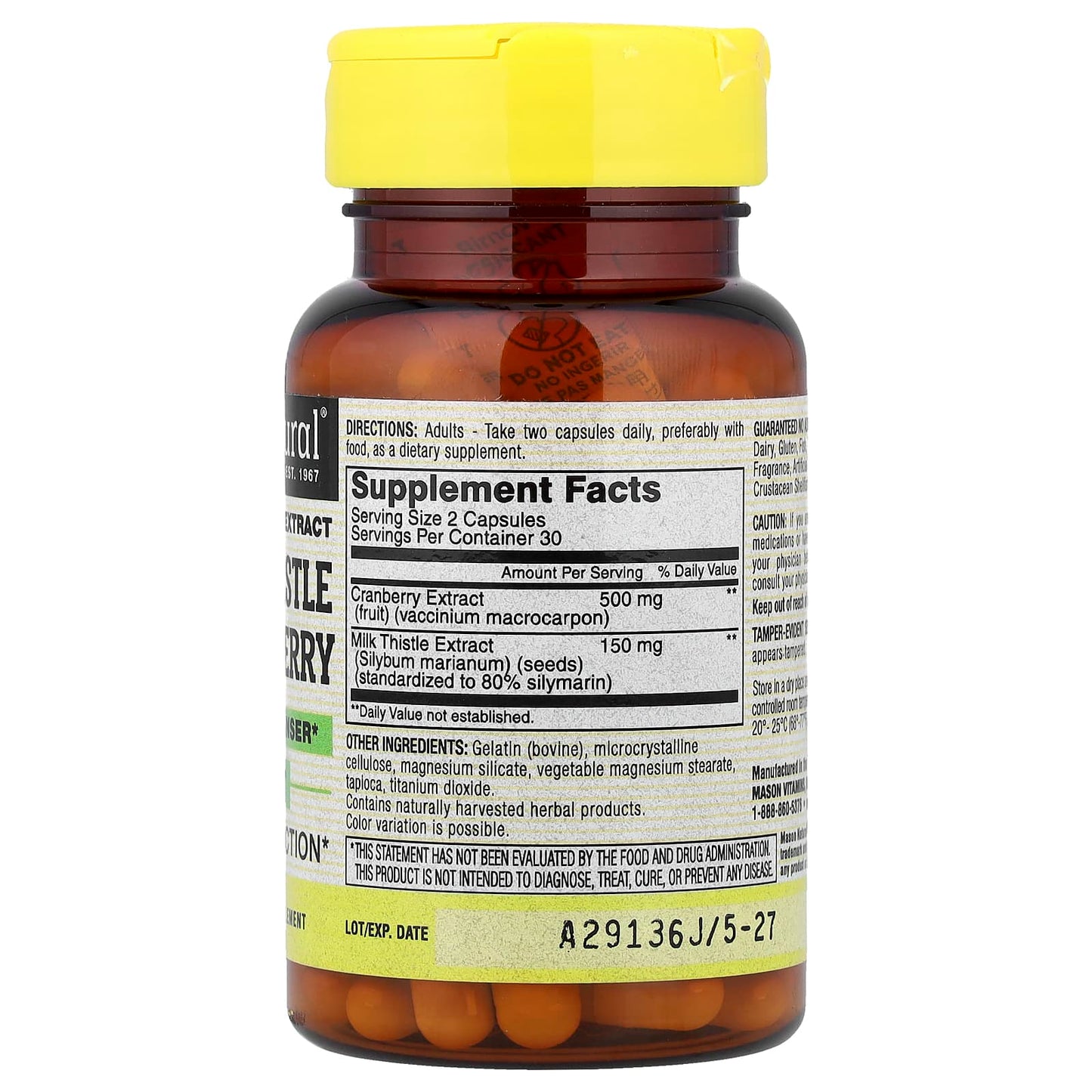 Mason Natural, Milk Thistle & Cranberry, Standardized Extract, 60 Capsules - Image 2