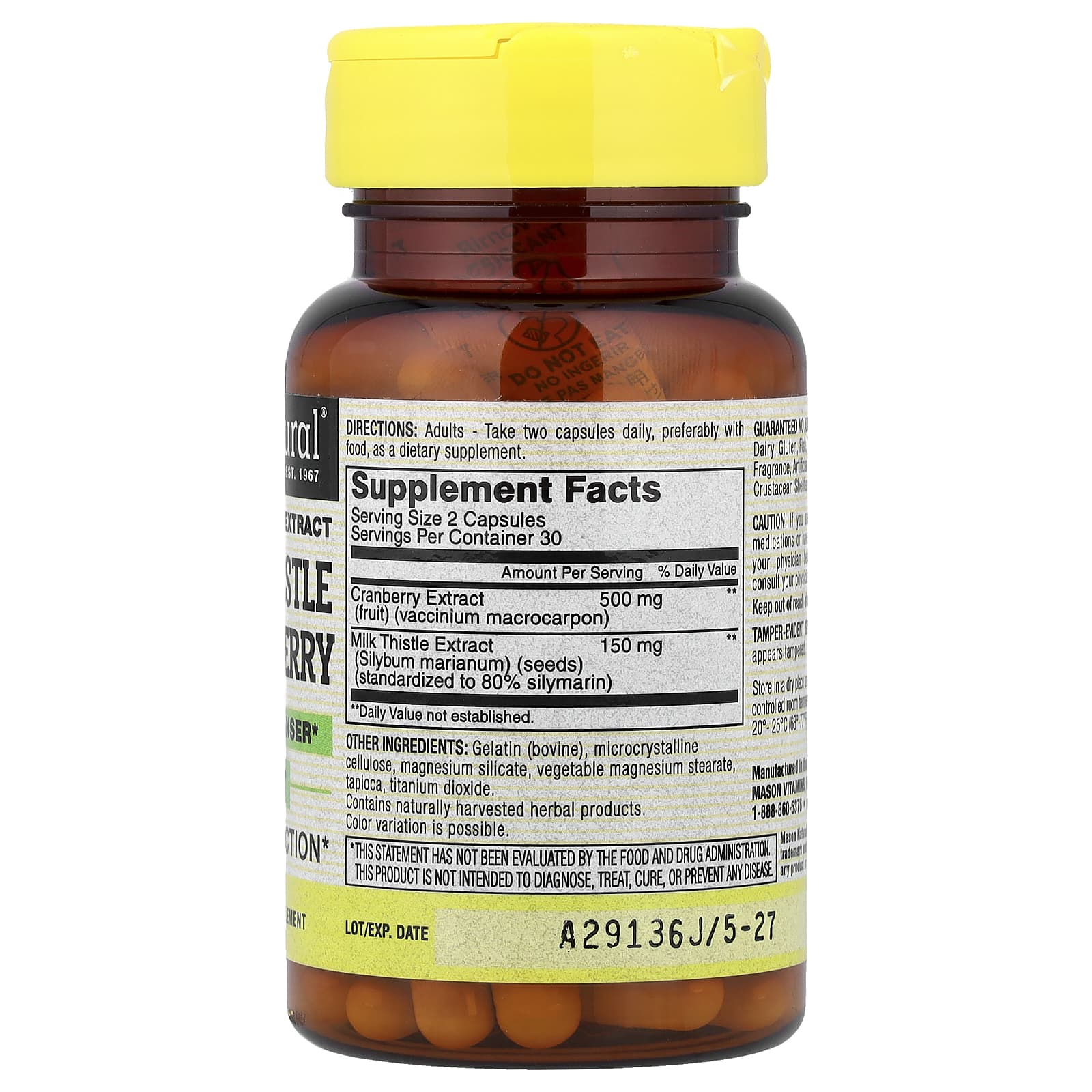 Mason Natural, Milk Thistle & Cranberry, Standardized Extract, 60 Capsules - Image 2