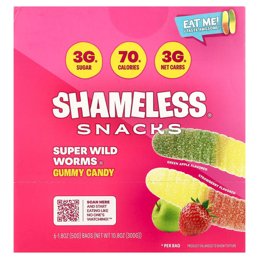 Shameless Snacks, Super Wild Worms® Gummy Candy, Green Apple and Strawberry, 6 Bags, 1.8 oz (50 g) Each - Image 1