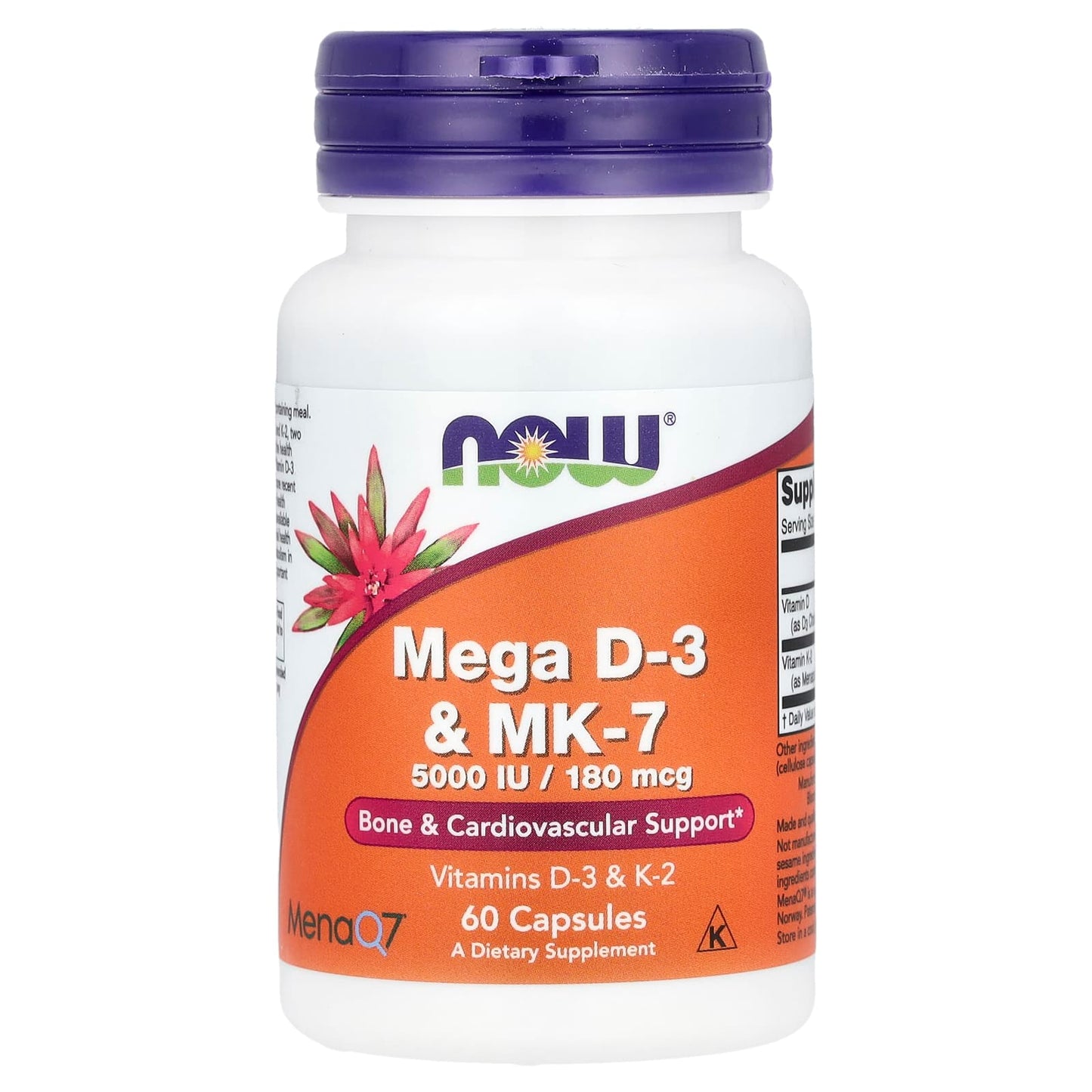 NOW Foods, Mega D-3 & MK-7, 5,000 IU / 180 mcg, 60 Capsules - Image 1