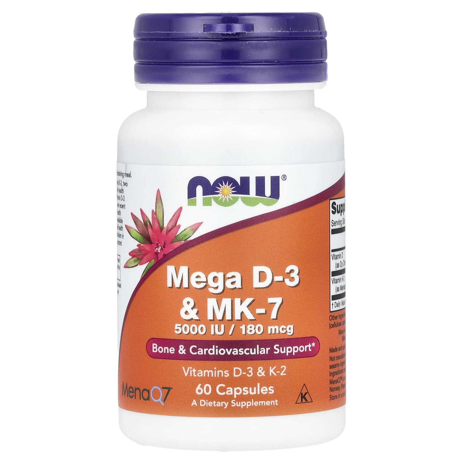 NOW Foods, Mega D-3 & MK-7, 5,000 IU / 180 mcg, 60 Capsules - Image 1