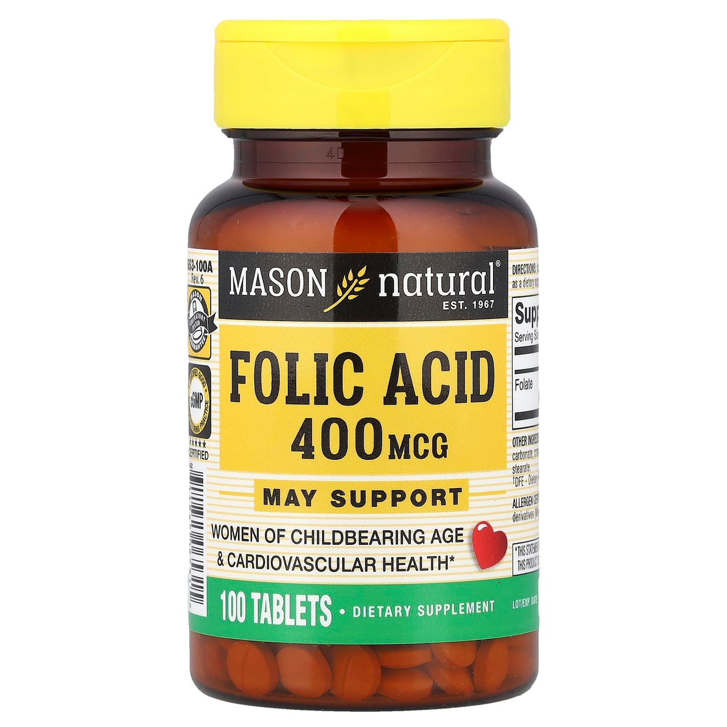 Mason Natural, Folic Acid, 400 mcg, 100 Tablets - Image 1