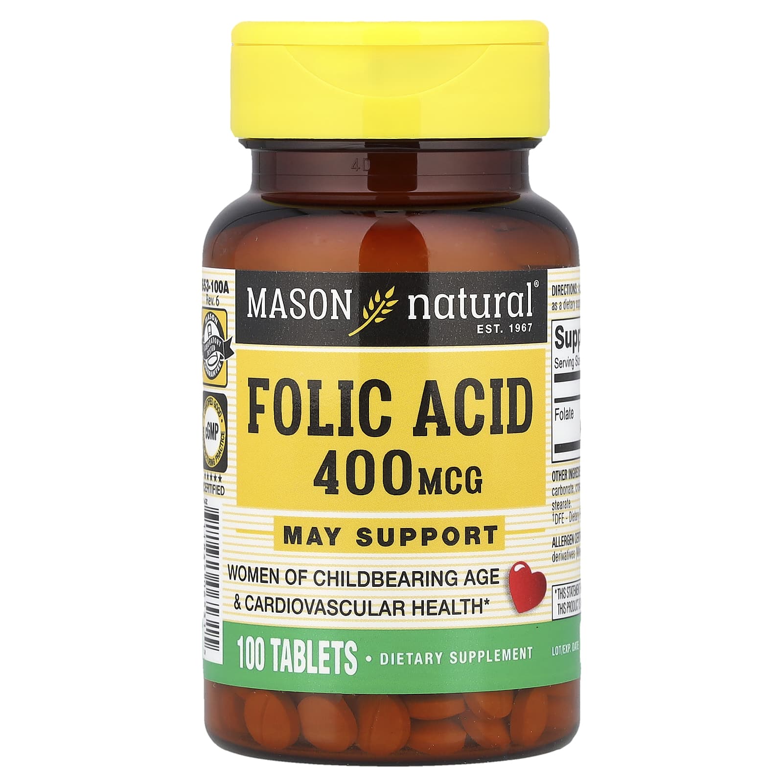 Mason Natural, Folic Acid, 400 mcg, 100 Tablets - Image 1
