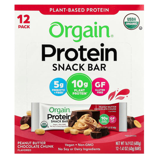 Orgain, Organic Plant-Based Protein Snack Bar, Peanut Butter Chocolate Chunk, 12 Bars, 1.41 oz (40 g) Each - Image 1