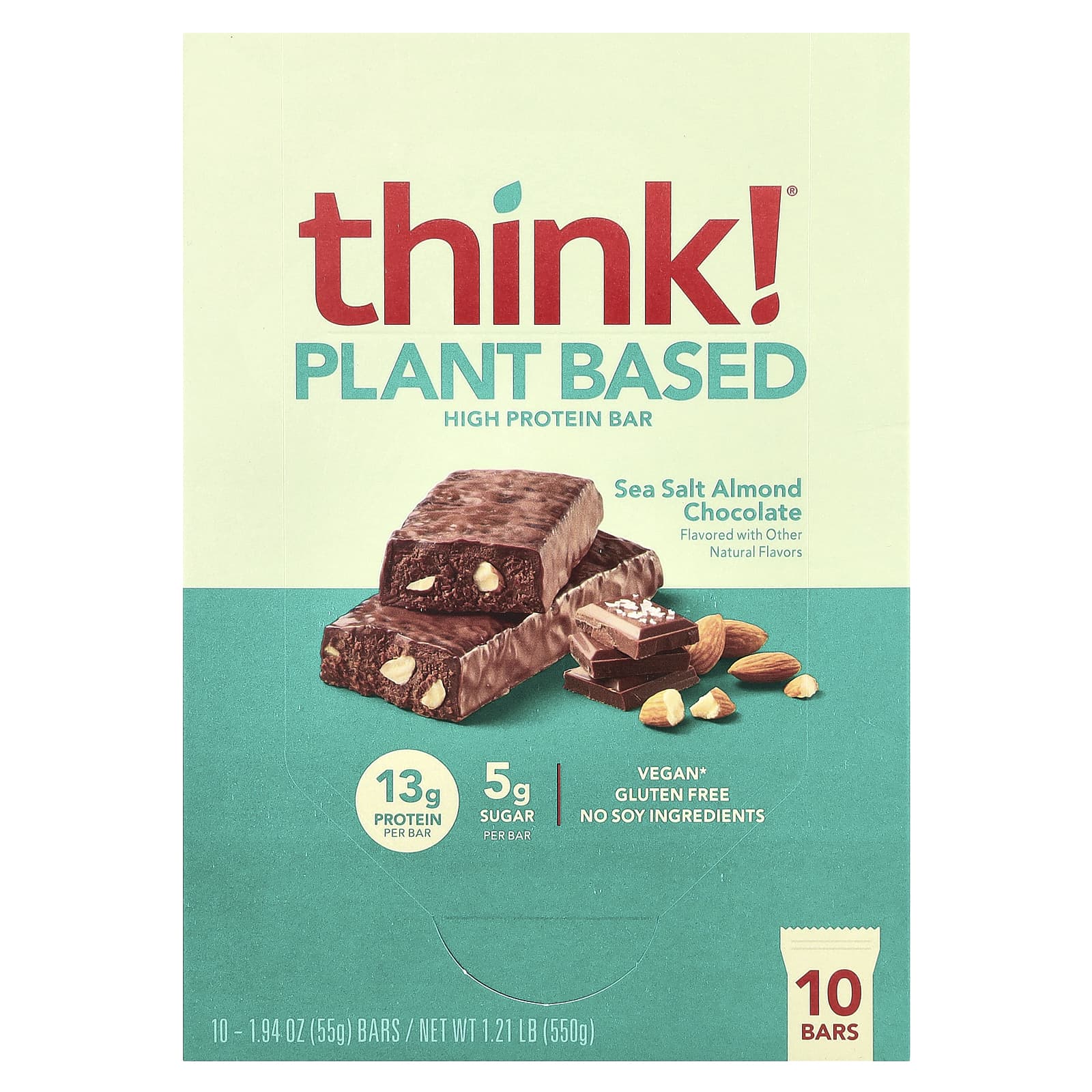 Think !, High Protein Bars, Sea Salt Almond Chocolate, 10 Bars, 1.94 oz (55 g) Each - Image 1
