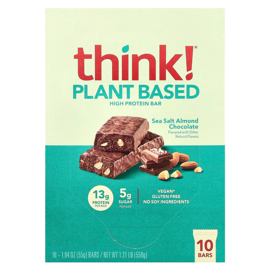 Think !, High Protein Bars, Sea Salt Almond Chocolate, 10 Bars, 1.94 oz (55 g) Each - Image 1