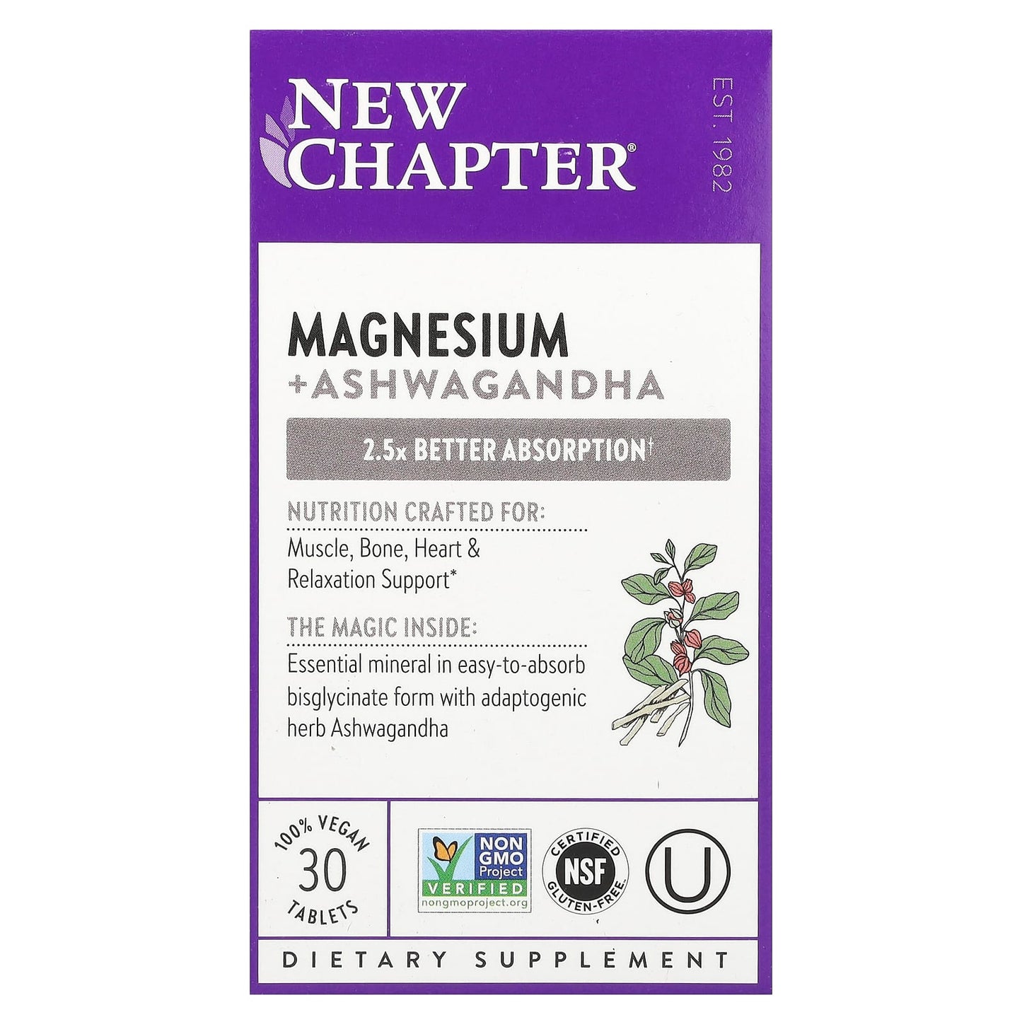 New Chapter, Magnesium + Ashwagandha, 30 Vegan Tablets - Image 1