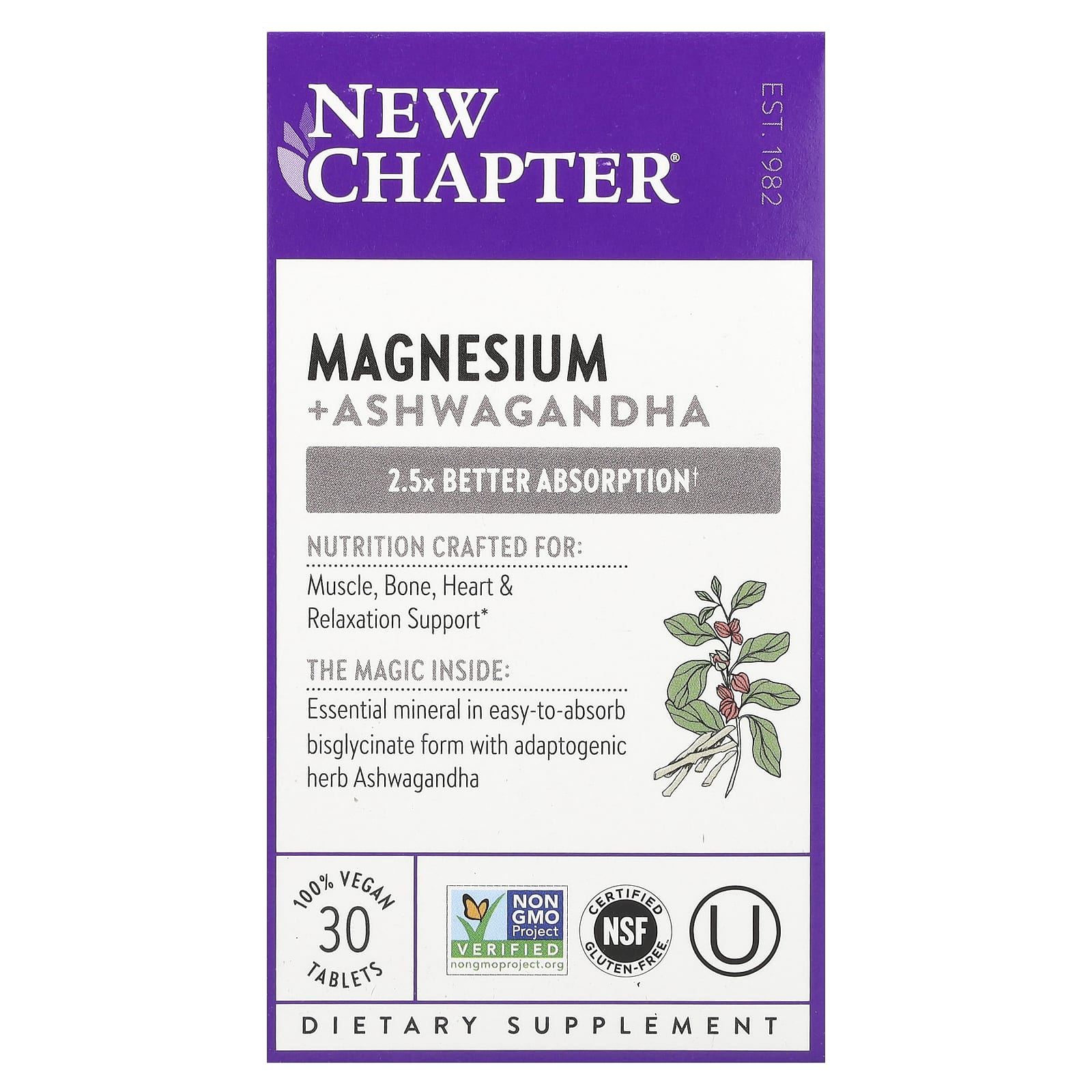 New Chapter, Magnesium + Ashwagandha, 30 Vegan Tablets - Image 1