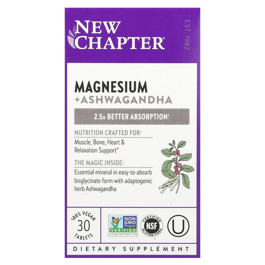New Chapter, Magnesium + Ashwagandha, 30 Vegan Tablets - Image 1