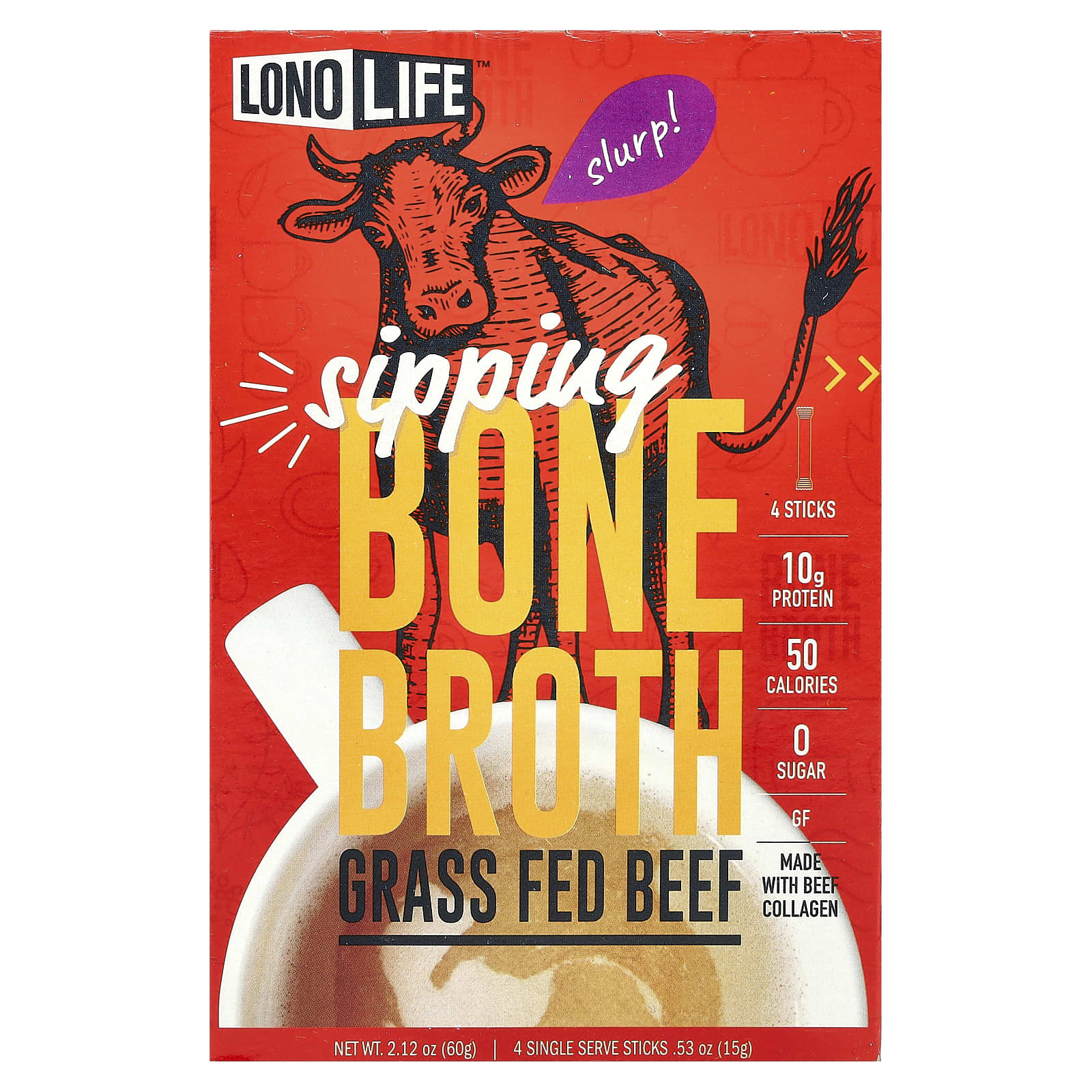 Lonolife, Sipping Bone Broth, Grass Fed Beef, 4 Single Serve Stick Packs, 0.53 oz (15 g) Each - Image 1