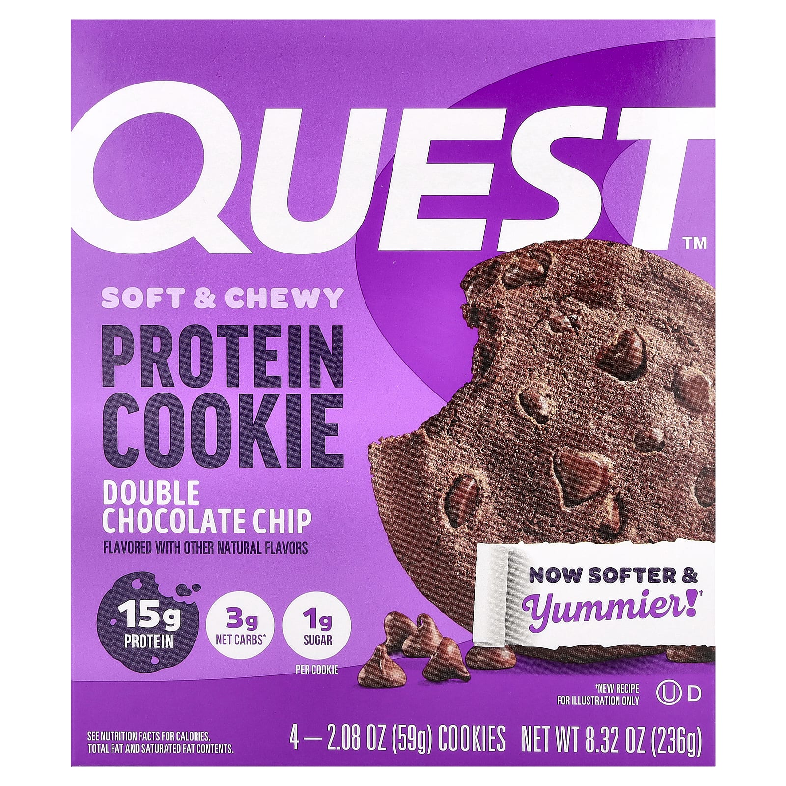 Quest Nutrition, Protein Cookie, Double Chocolate Chip, 4 Cookies, 2.08 oz (59 g) Each - Image 1