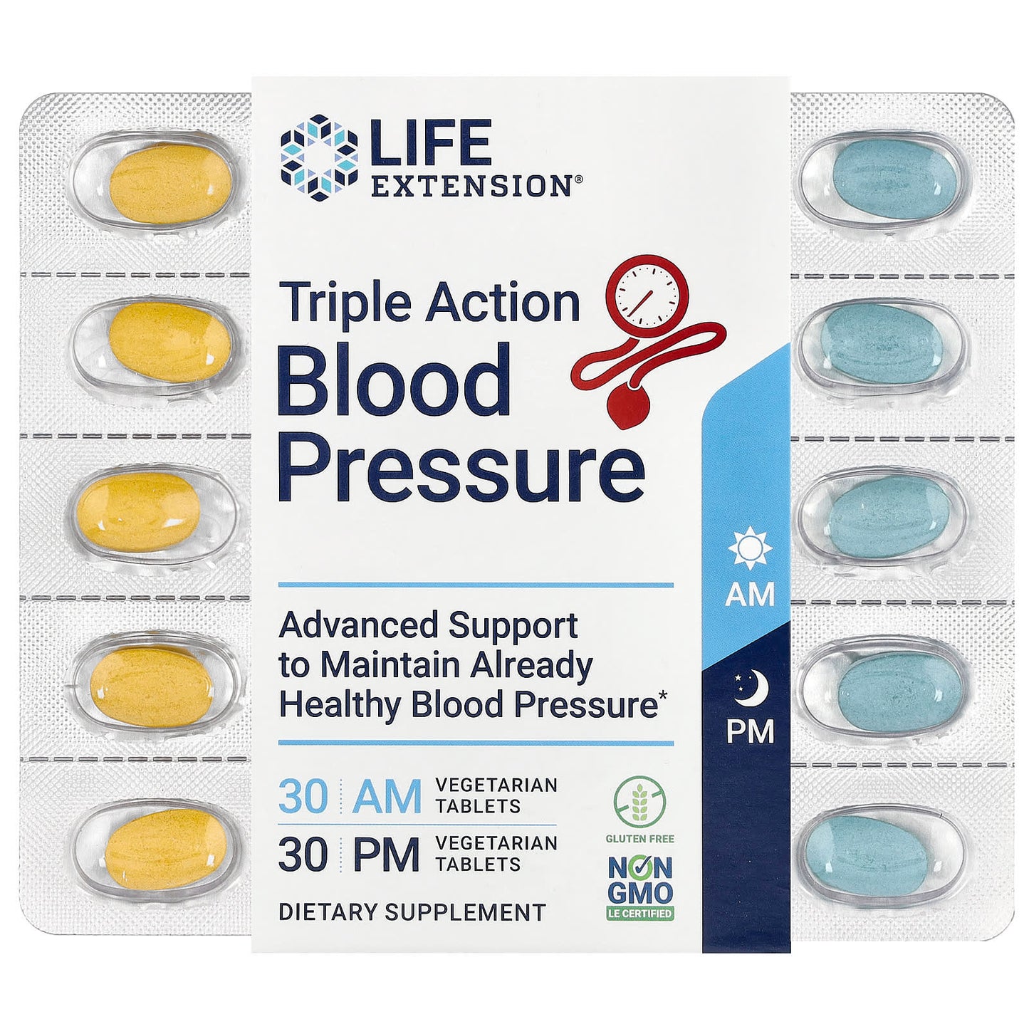 Life Extension, Triple Action Blood Pressure, AM/PM, 60 Vegetarian Tablets - Image 1