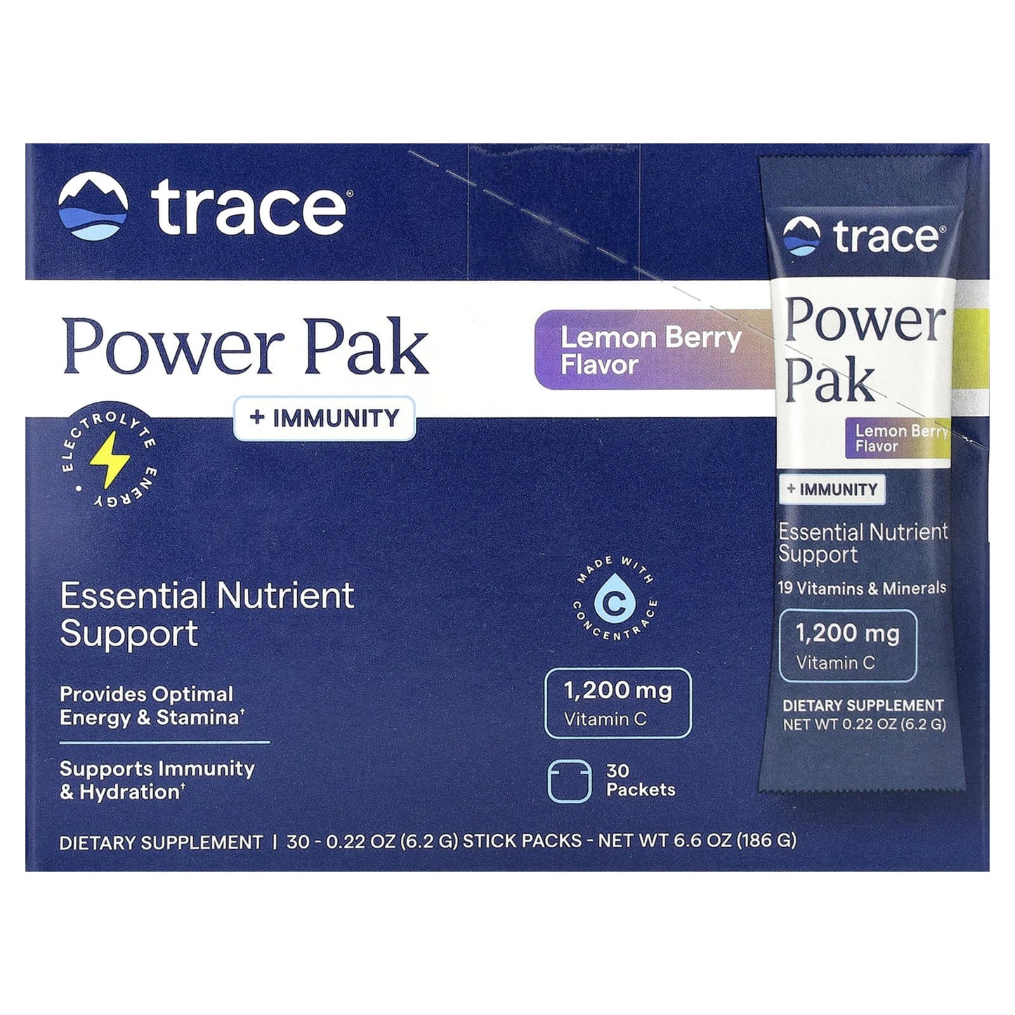 Trace, Power Pak + Immunity, Lemon Berry, 30 Stick Packs, 0.22 oz (6.2 g) Each - Image 1