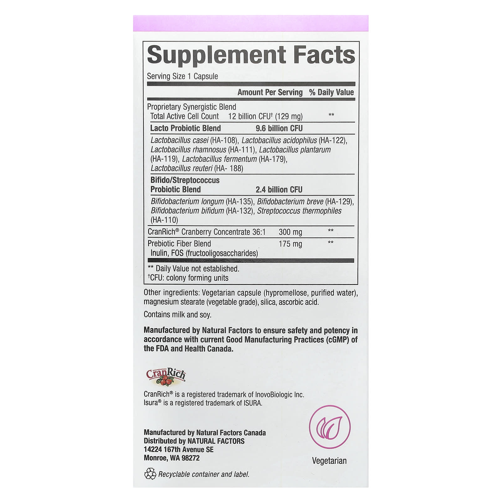 Natural Factors, Ultimate Probiotic Women's Every Day, 12 Billion, 60 Vegetarian Capsules - Image 2