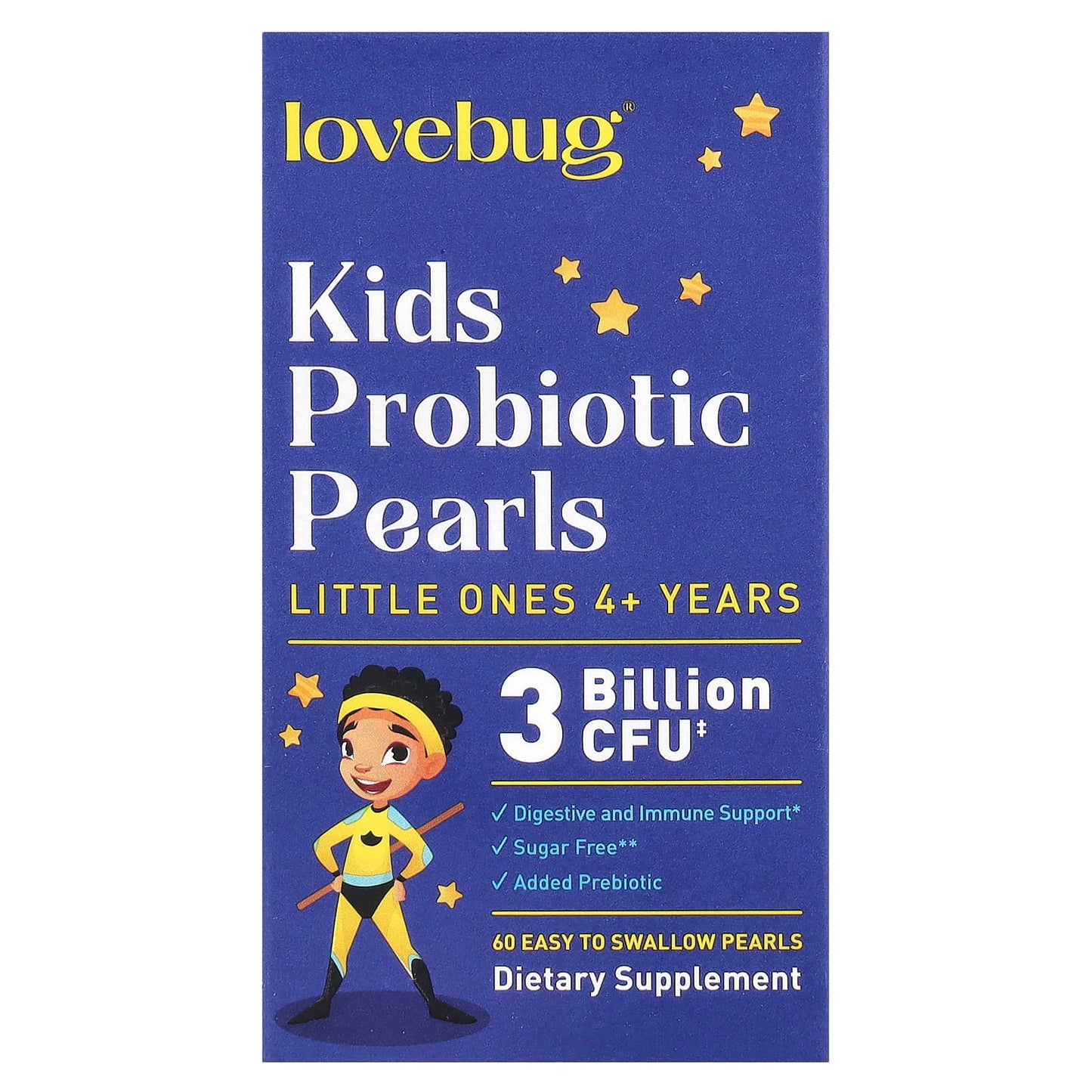 LoveBug Probiotics, Kids Probiotics Pearls, 4+ Years, 3 Billion CFU, 60 Easy To Swallow Pearls
