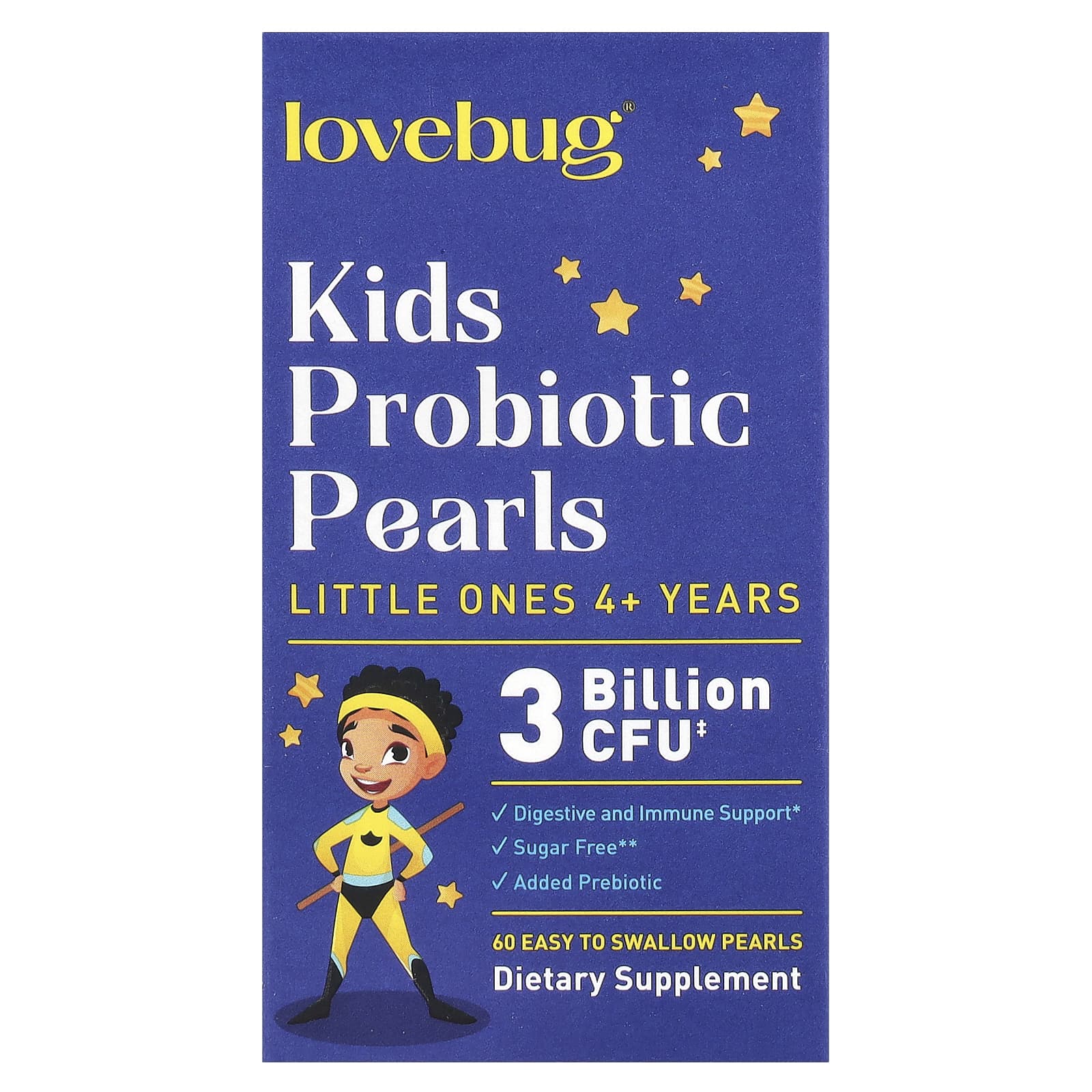 LoveBug Probiotics, Kids Probiotics Pearls, 4+ Years, 3 Billion CFU, 60 Easy To Swallow Pearls
