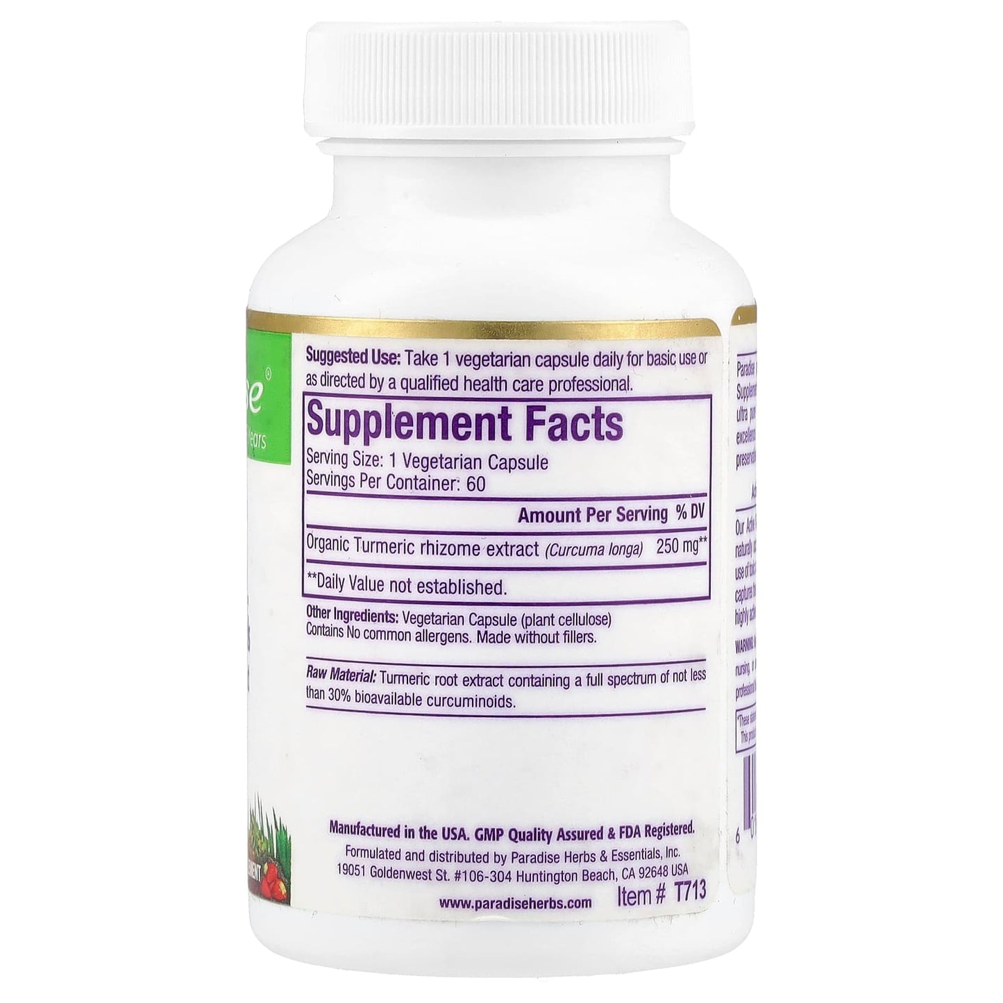 Paradise Herbs, Turmeric, 60 Vegetarian Capsules (250 mg per Capsule) - Image 2